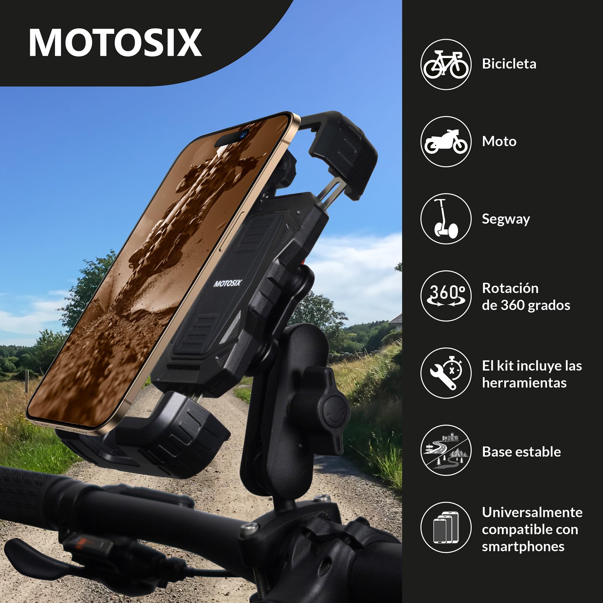 Soporte Móvil Moto Antivibración,ANTIRROBO, Brazo Metálico Extensible 360º.Soporte Móvil Bicicleta Bici Patinete electrico, Motocicleta. Teléfonos de 4,7-7,2'' Todo Tipo de Manillar