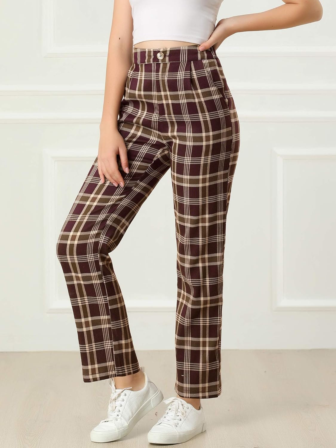 Allegra K Women's Plaid Pants Elastic Waist Casual Work Office Long Trousers - Image 4