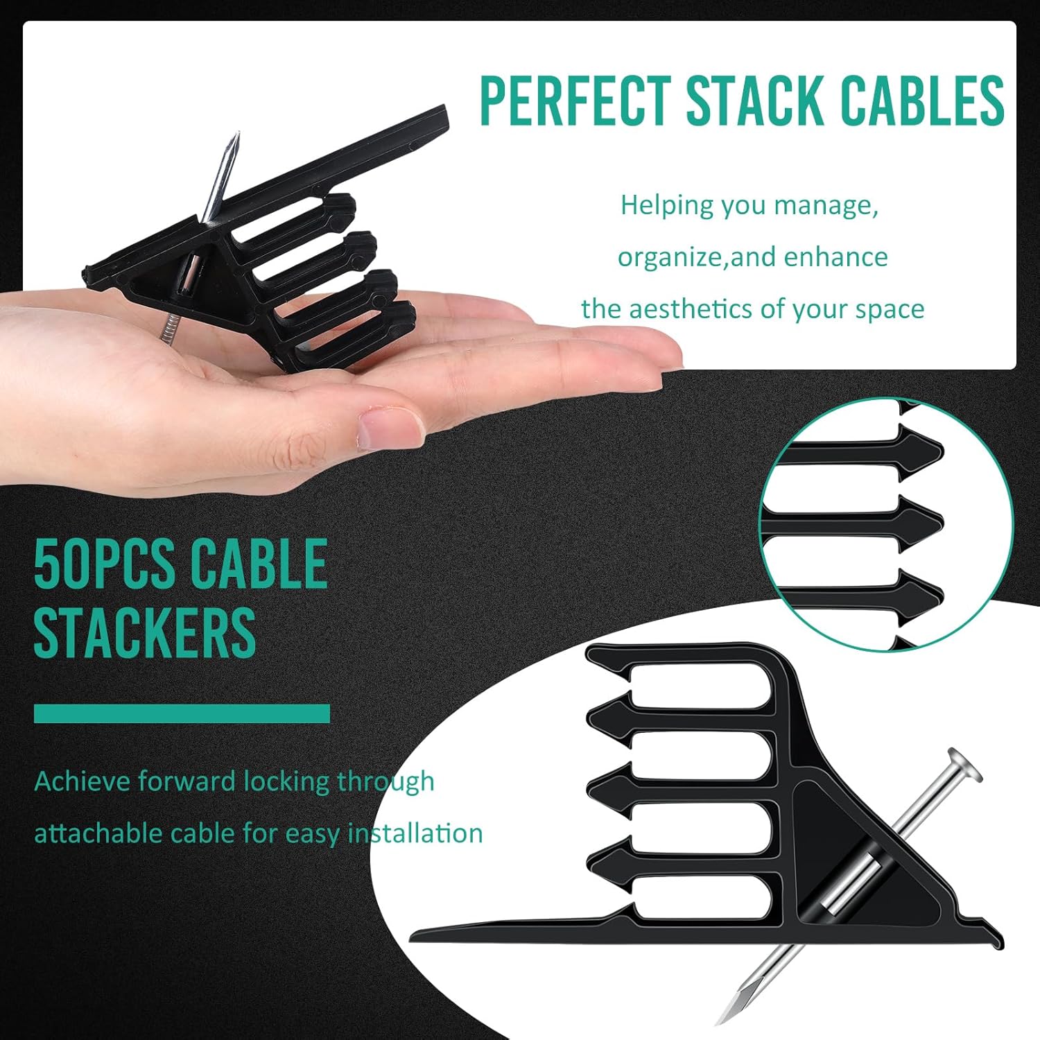 50 Pcs Multi-Cable Staple Electrical Wire Plastic Stacker with Nail Stapler Stacker Insulated Cordless Hammer Staple Sort Out Electric Efficient Wire Organization for Variou Quantitie (Black)