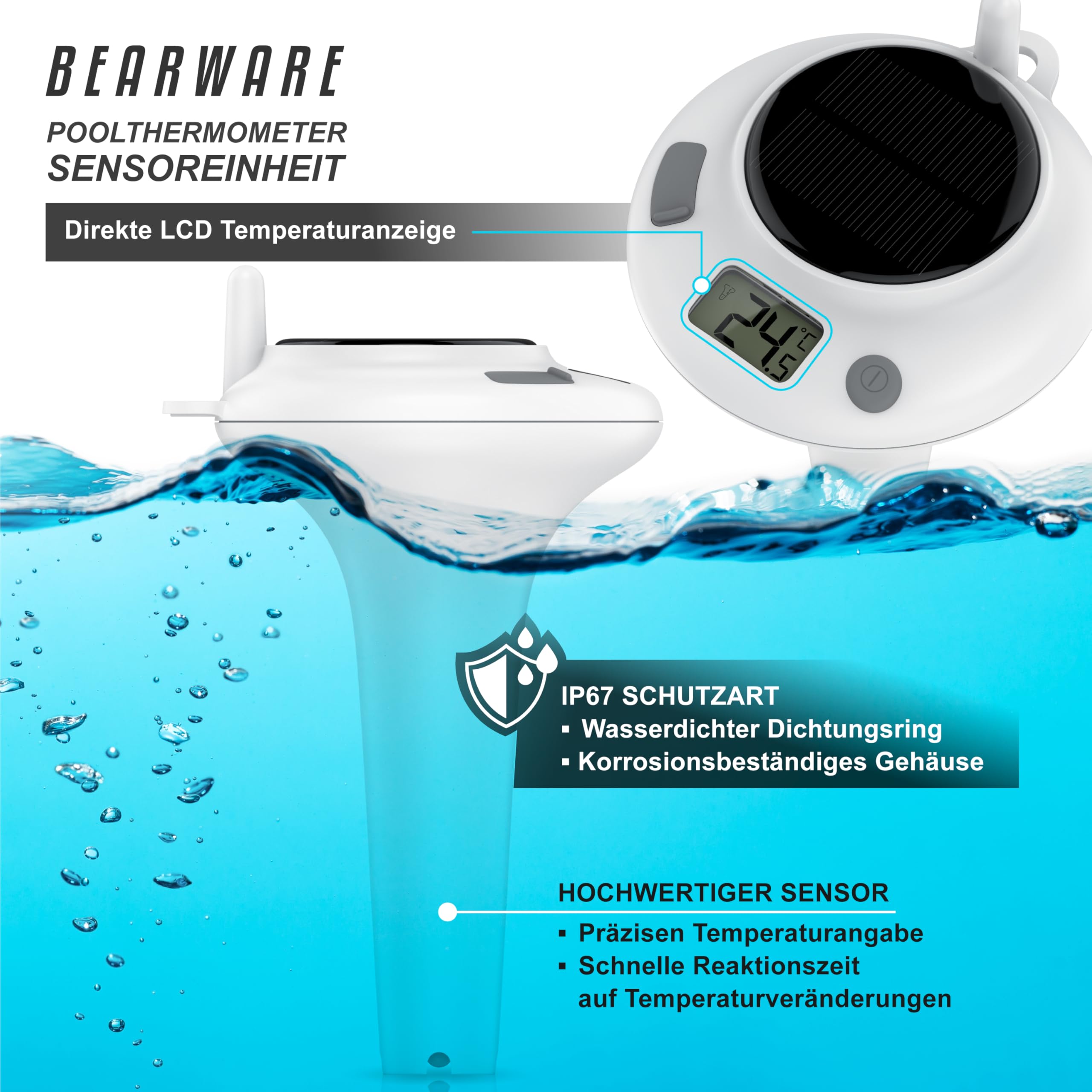 CSL – Funk Poolthermometer mit Display – Solar - Temperaturanzeige – Luftfeuchtigkeit – Innen- & Außentemperatur - Pool Schwimmbecken Schwimmbad Whirlpool - Pool Thermometer