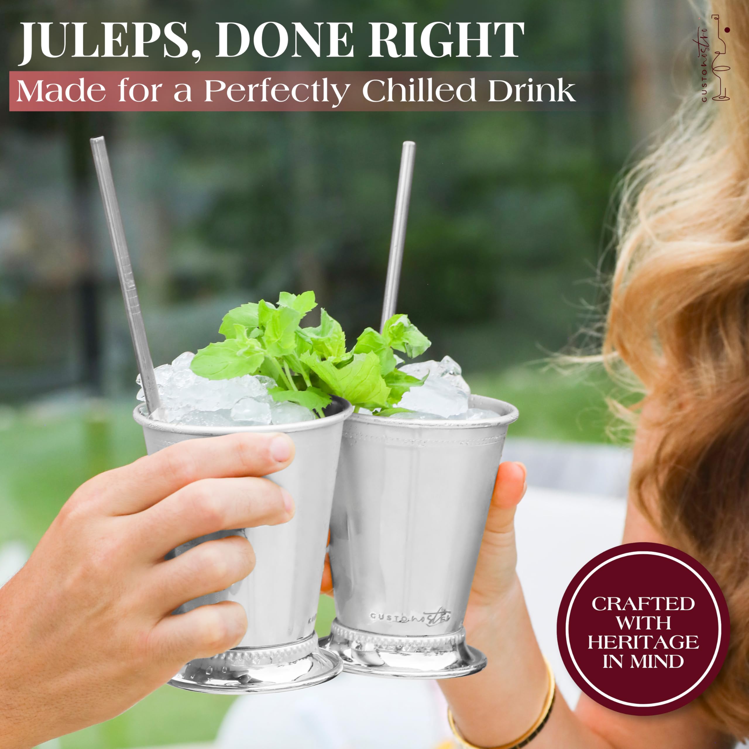 Gusto Nostro Gusto Nostro Mint Julep Cups Set of 2 - Stainless Steel Julep Cup Kit with Straws, Muddler, Spoon,Recipes, Vases - Southern-style Cocktail Glasses for Home Bar - Stainless Steel Cocktail Cups (Silver) in use