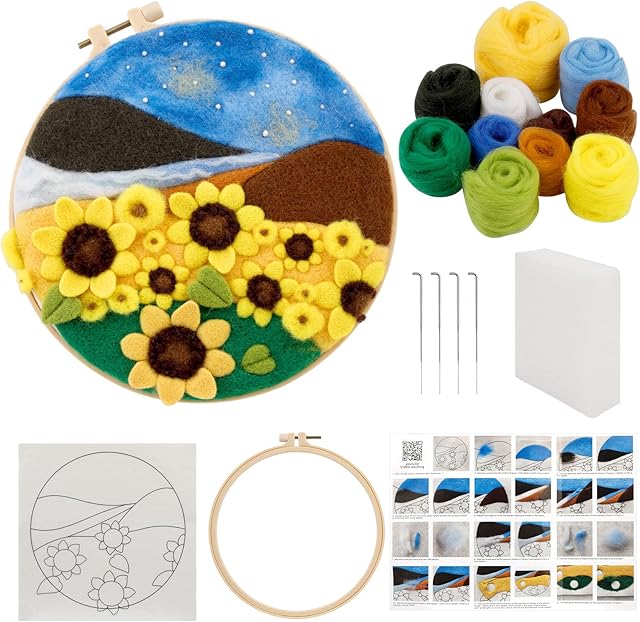Axmru Needle Felting Kit Needle Felt Starter Set Wool Felt Supplies with Felt Needle Picture Frame Foam Pad Felt Cloth Instructions and Wool Bag, for Home Decoration-Sunflowers