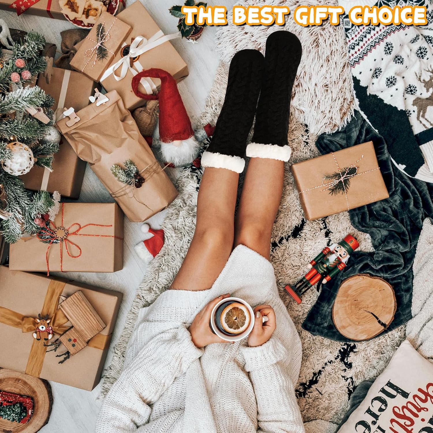 Womens Warm Slipper Socks Winter Knit Fuzzy Cozy Thick Fleece Lined Socks with Grippers Thermal Home Socks - Image 3