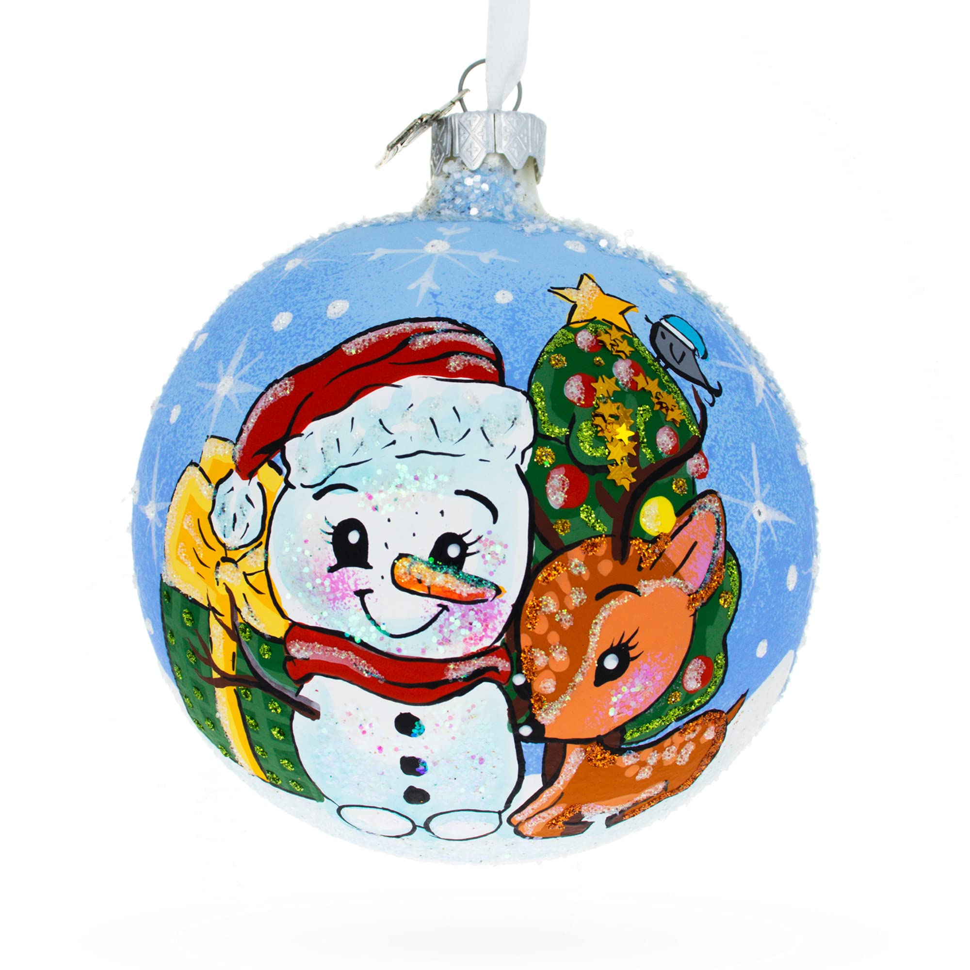 Muñeco de nieve y ciervo bebé Primer Adorno de Navidad de Cristal de Navidad de 4 Pulgadas.