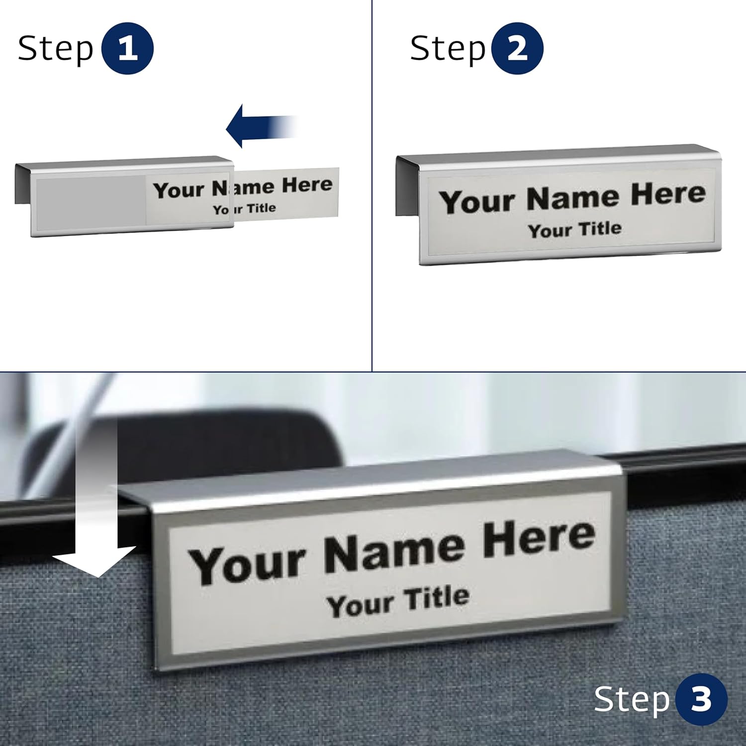 4-Pack 8.5" x 2.5" Cubicle Partition Name Tag - Silver Border 2" Hook - Holder for Custom Plate – Desk or Partition Use – Silver Frame – 2" x 8" Insert for Wall Display By Plastic Products Mfg - Image 2