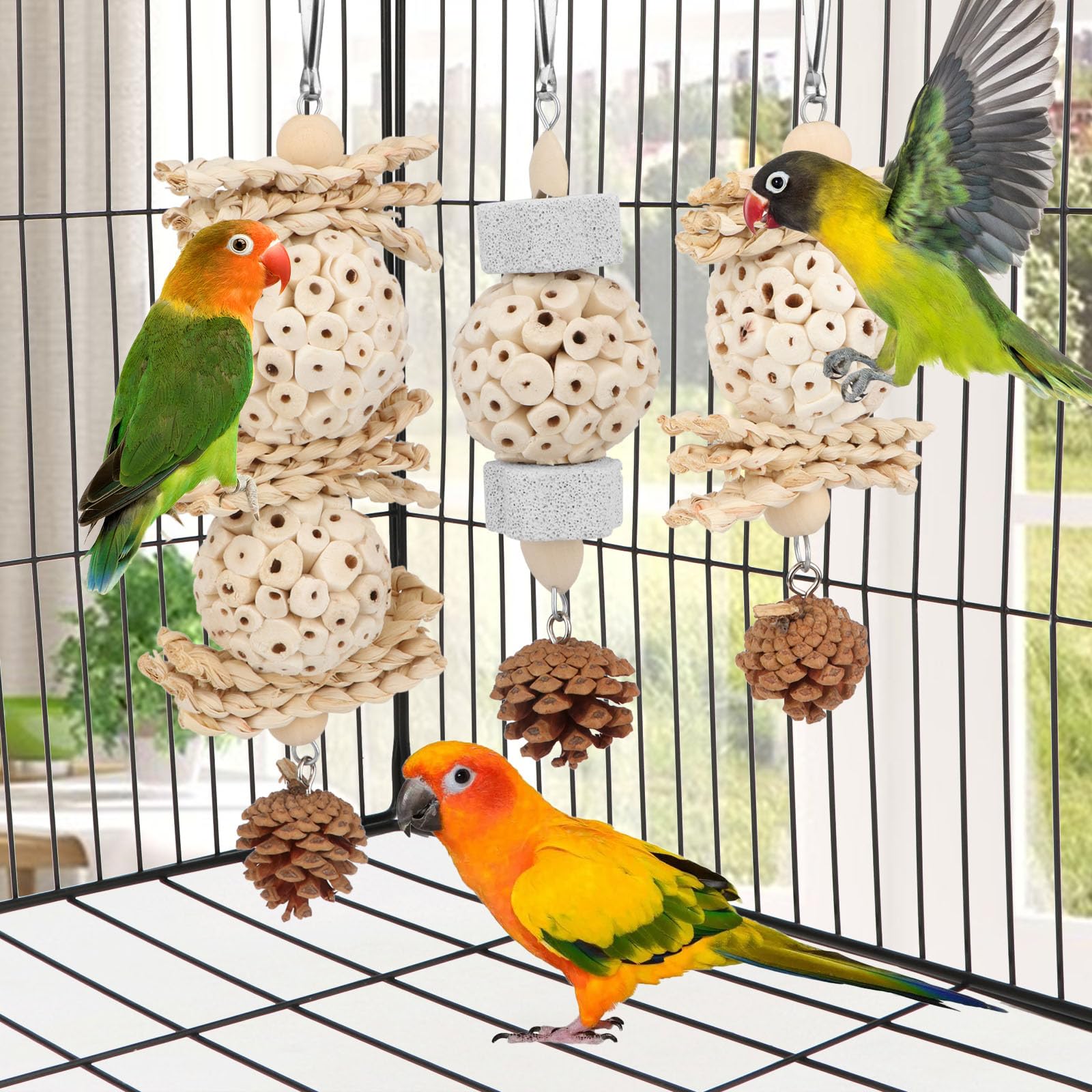 Wontee Bird Toys 3 Pack Parrot Foraging Hanging Toys Sola Ball Natural Nuts Chew Toys for Cockatiels Conures Parakeets Budgies Senegal (3 Pack) - image 4