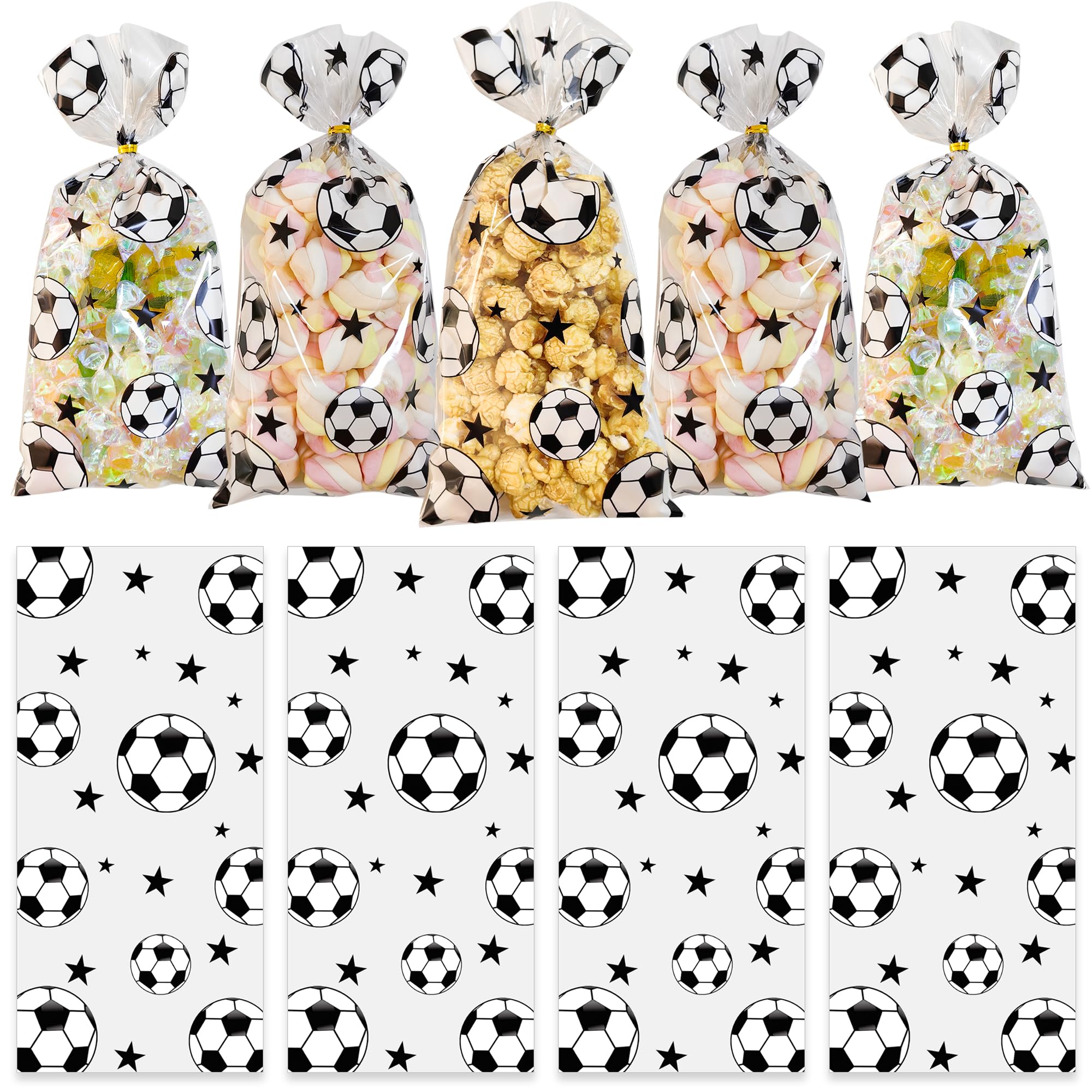Lhocm Soccer Treat Bags, Soccer Candy Bags, 100 Pcs Soccer Bags for Snacks, Soccer Party Favors Bag Soccer Cellophane Treat Bags with Silver Twist