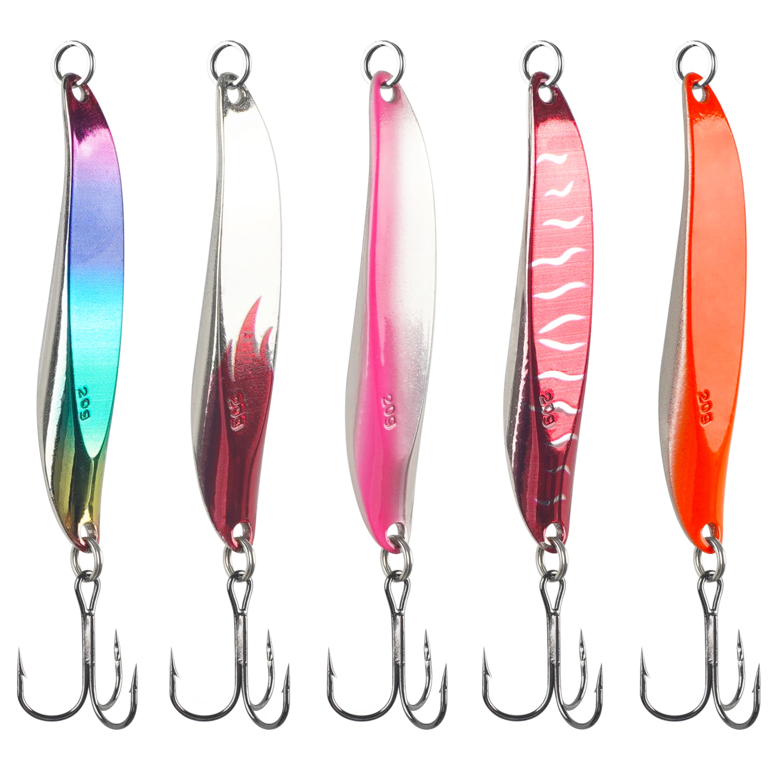Fishing Spoons Lures Kit, 5pcs Hard Metal Trout Spoon Fishing Lures Casting Trolling Baits with Treble Hook 1/4oz-1oz Jigging Spoons for Bass Walleye Pike Saltwater Freshwater