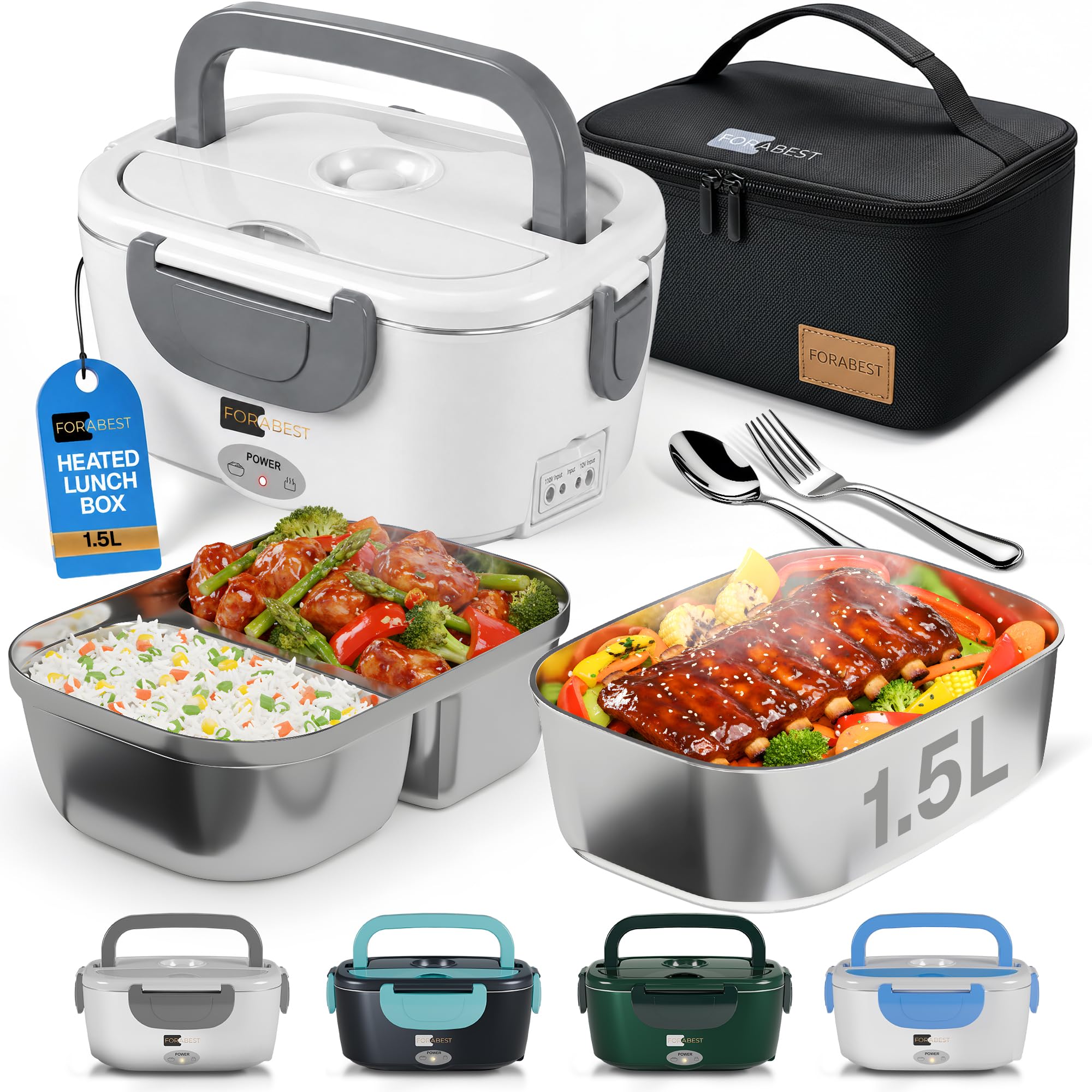 FORABEST Heated Lunch Box,2 Trays Electric Lunch Box for Adults-White Gray