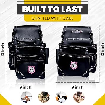 Professional 11 Pockets Leather Tool Pouch Bags/Carpenter Tool Belt Set | Heavy-duty Drywall Pouch, Electrician Pouch, And Framing Tool Belt Pouches (Black, Standard)