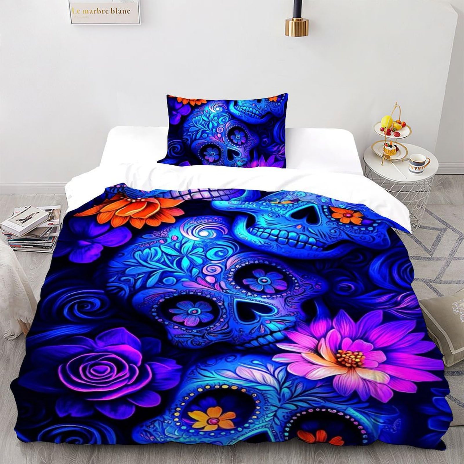 Parure de lit crâne de fleurs en microfibre 3D avec housse de couette single 135x200 et sa taie