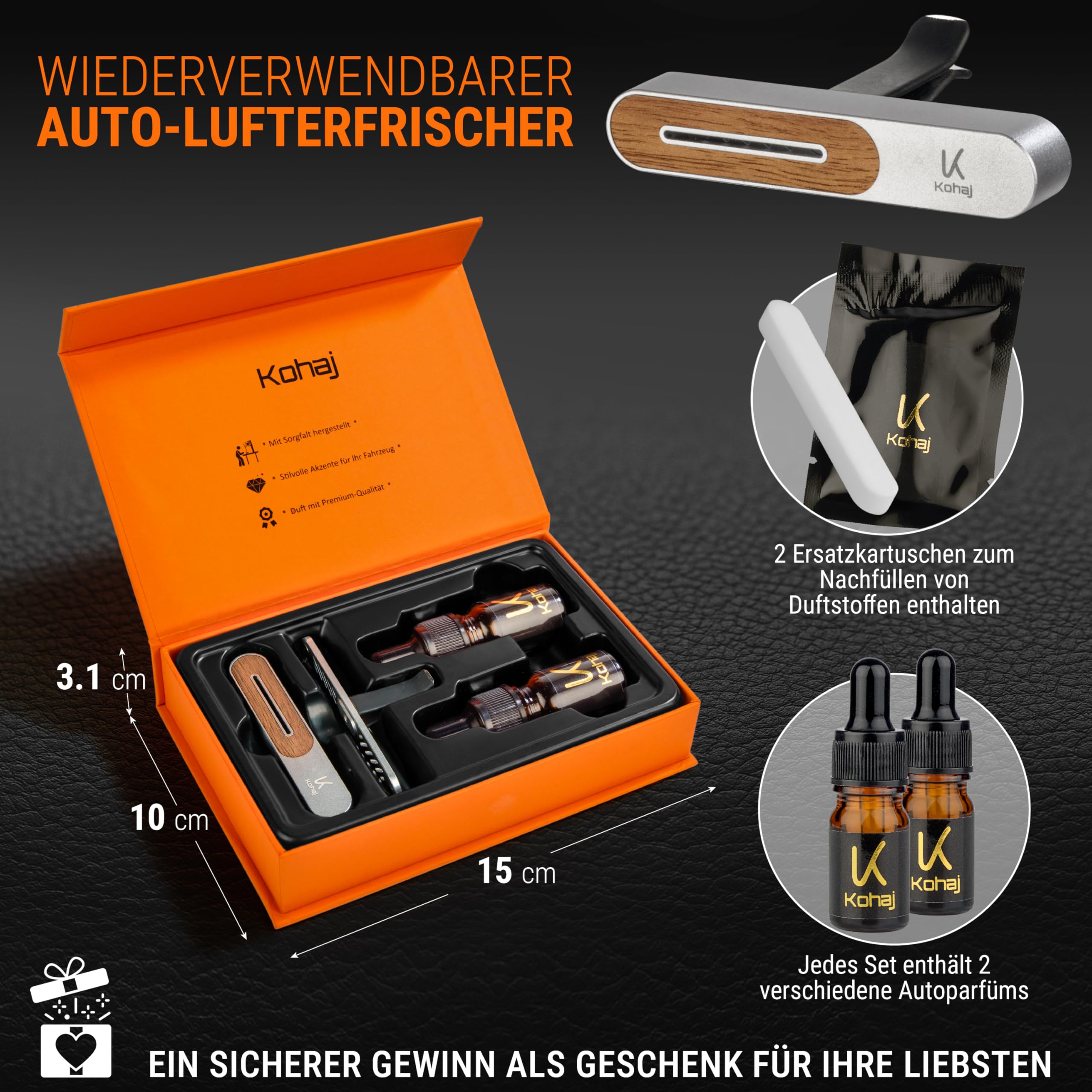 Ambientador de coche I Premium Auto Perfume I Difusor de aceites esenciales I Regalo para propietarios de coches/en I Ambientador de aire I Car Difusor (plata, OUD VIBES y azafrán hipnótico)
