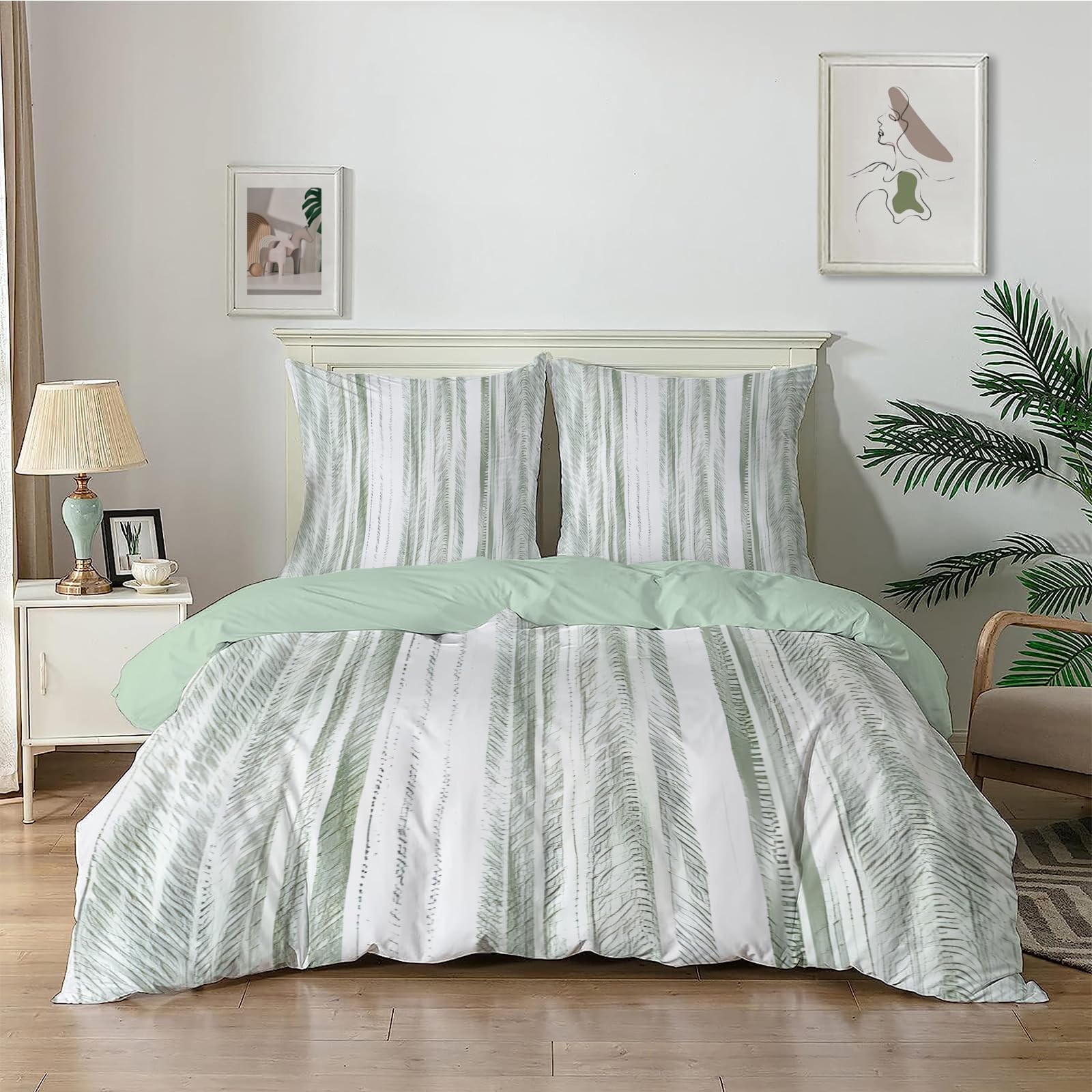Dyausi White Emperor Duvet Cover Set Sage Green Stripes Stylish Bedding Set 3Pcs With Zipper Closure For Man Woman Reversible Microfiber Quilt Cover 290X235cm And 2 Pillowcases 50X75cm