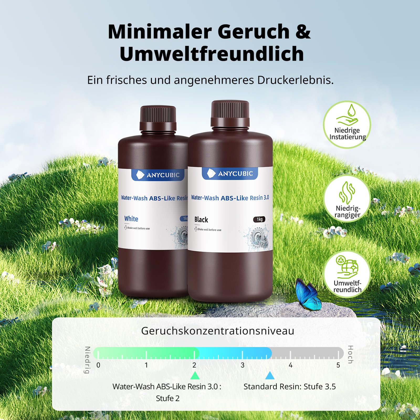 ANYCUBIC Wasser Waschbares ABS-Like Resin 3.0, 3D Drucker Resin mit Hohe Festigkeit und Zähigkeit, Geruchsarm, Hochpräzises 405nm UV-härtendes Harz für alle Harz 3D Drucker, Grau 1000g