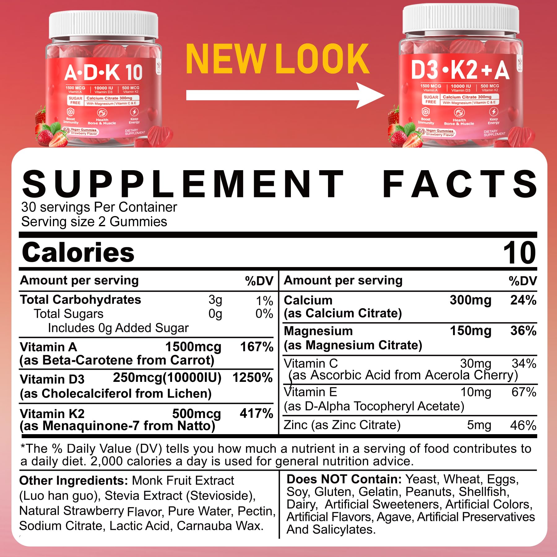 Vitamin D3 + K2 + A Gummies 5000IU/10000 IU - Vitamin D3 Con K2 Supplement with Calcium Magnesium Zinc, Vitamin C & E, High Dose Ultimate Absorbency for Bones, Muscles, Teeth, Vision, Vegan 2 Packs — Amazon image 2
