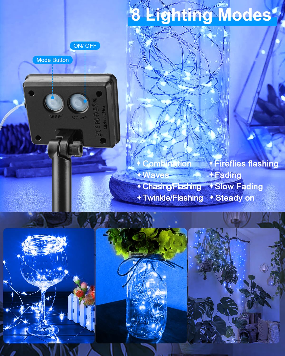 Lot De 2 Guirlandes Lumineuses Solaires 5M 50 LED Blanc Chaud - Fil Cuivre 8 Modes Étanche Pour Jardin, Arbre, Noël