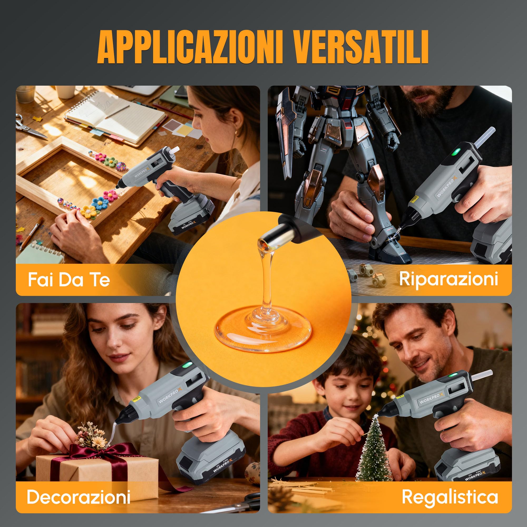 WORKPROX Pistola per Colla a Caldo Senza Fili 20V con Batteria e Caricatore, Riscaldamento Rapido e Spegnimento Automatico, Include 20 Stick Colla 11×150 mm, Ideale per Fai-da-Te e Riparazioni