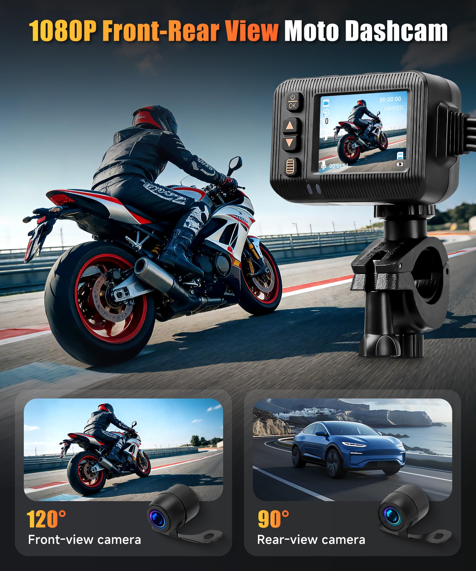 VECHTEL Videocamera da Cruscotto Moto Anteriore e Posteriore 1080p, Schermo HD da 2", Doppia Fotocamera per Moto, Impermeabile, Registrazione in Loop, Sensore G Integrato, Telecomando e Scheda SD da