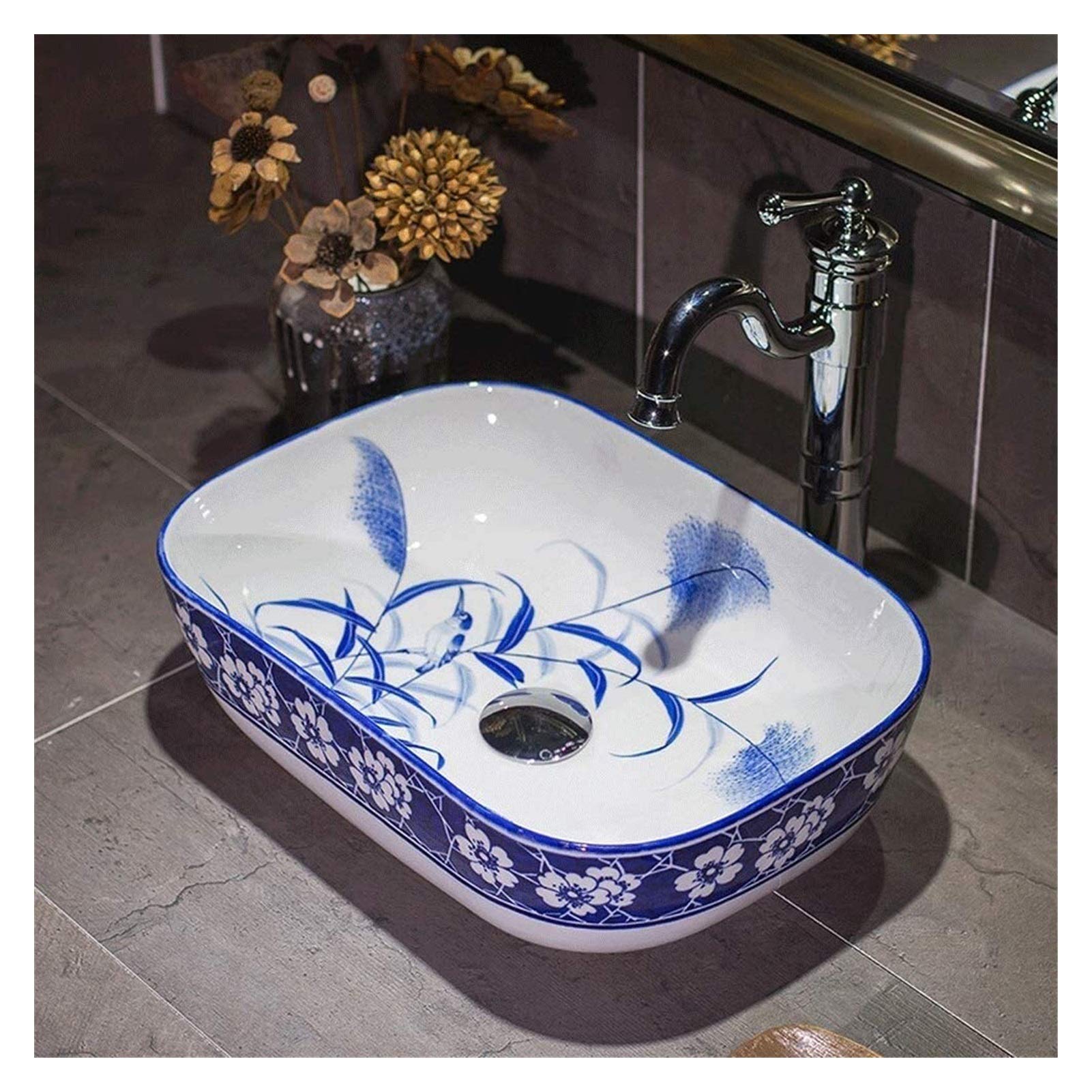 OLSKFUH Bathroom Vessel Sink, Antique Vanity Bowl Basin Bathroom Vessel Vanity Sink Above Counter Porcelain Ceramic Art Basin 16-Inch Countertop Rectangle Sink Bowls,