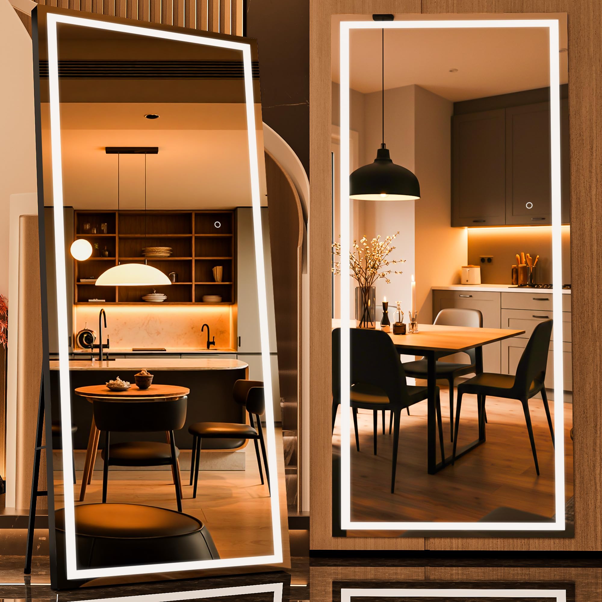 71" x 32" full length mirror with lights, led lighted floor standing body mirror, dimmable & 3 color lighting for bedroom, cloakroom, dressing room, tempered glass, black frame