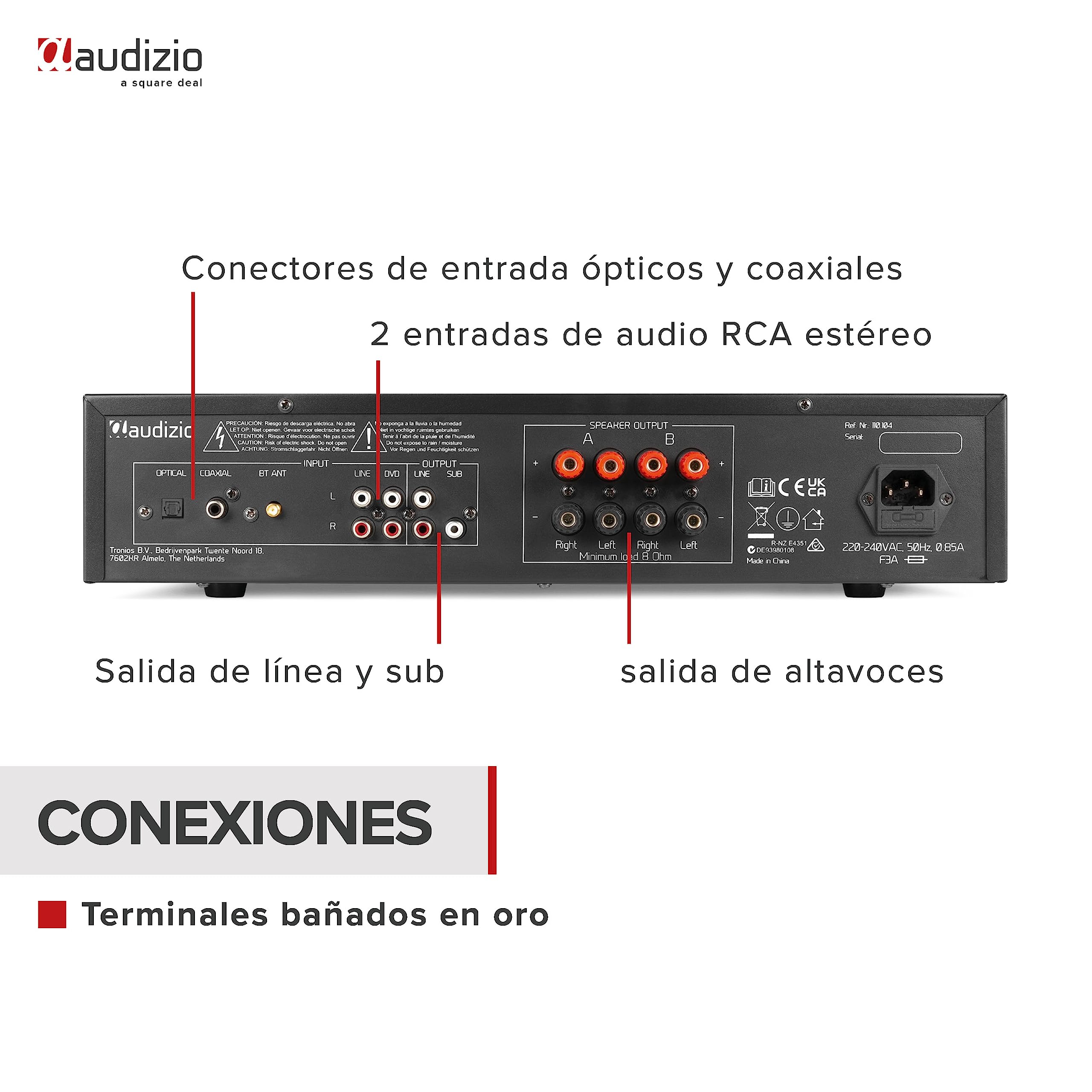 Audizio AD420B Amplificador Hi-FI de 400w (4 Canales x 100w) y Bluetooth, 1 Salida subwoofer, Salida óptica y coaxial, 2 Salidas de Altavoz, MP3, EQ, Ideal para Escuchar tu música, Color Negro