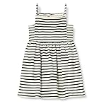 Amazon Essentials Girls' Cotton Strappy Midi Dress, Ecru Black French Stripe, Medium
