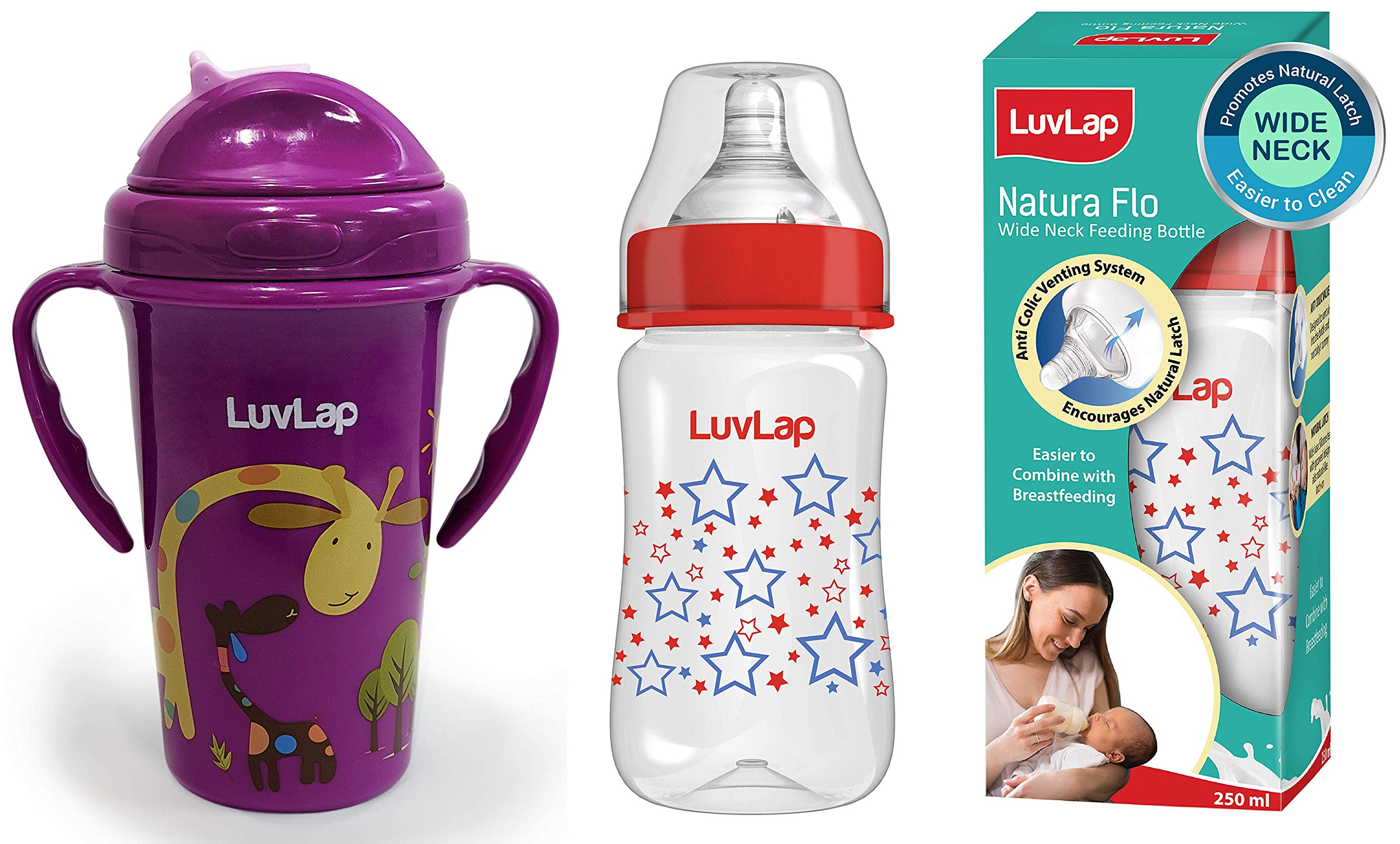 Luvlap Tiny Giffy Sipper, 300ml with Wide Neck Feeding Bottle, 250ml