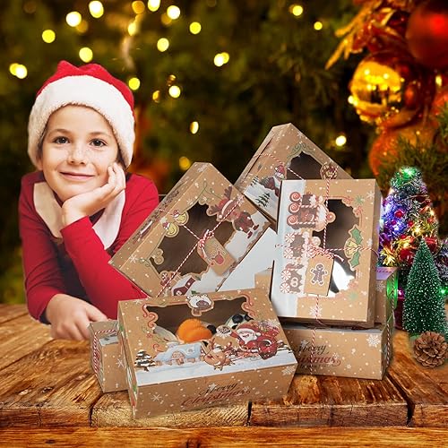 Miniatura 8 de Paquete de 12 cajas de galletas de Navidad con ventana para regalar, cajas de golosinas de panadería de vacaciones, caja de regalo de papel kraft de