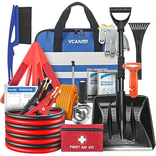 Car Emergency Kit with Jumper Cable, First Aid Kit, Winter Travel Assistance with Detachable Snow Shovel, Safety Emergency Kit for Cars, Trucks