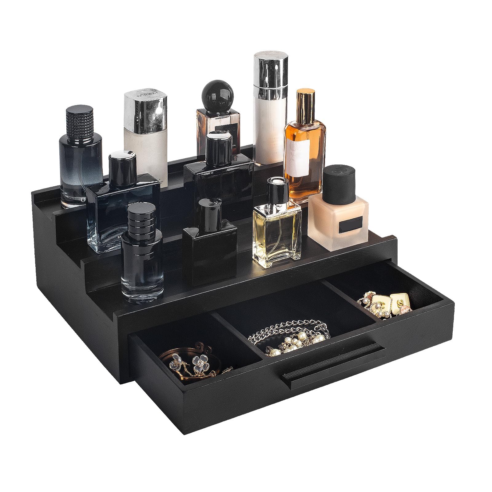 Organizador Perfumes Expositor Vitrina para Perfumes, Expositor de Colonia de 3 Niveles con Cajón para Dormitorio, Organizador Skincare Organizador de Perfume para Tocador