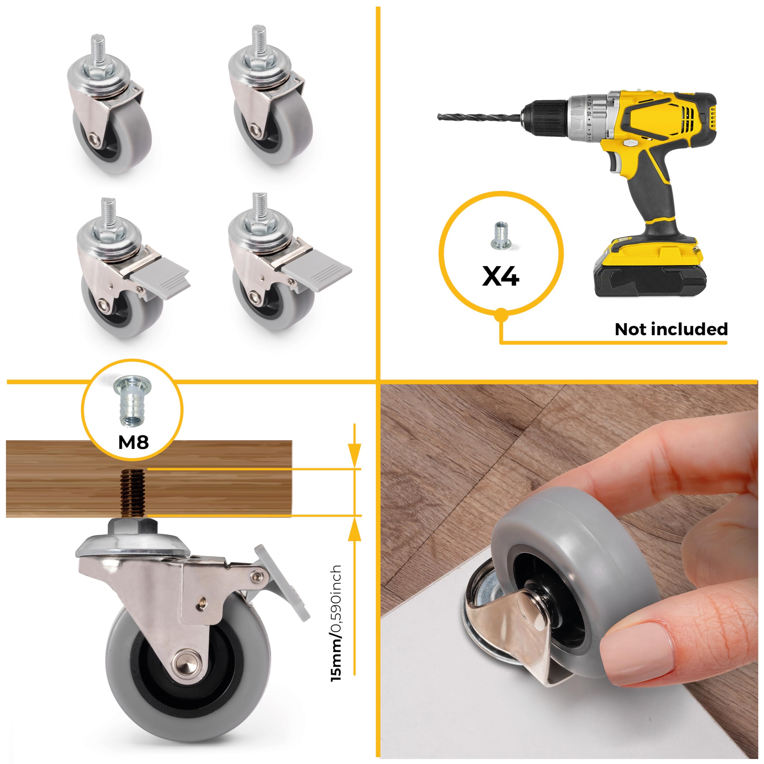 Ruote Per Mobili In Gomma 25mm - 8 Pezzi - Con Supporto In Acciaio Inox - Portata 40kg