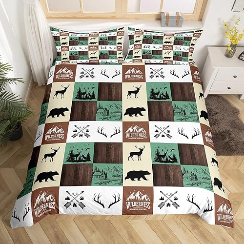 Miniatura 7 de Funda de edredón retro de cabaña juego de ropa de cama rústica de retazos oso de caza ciervo vida silvestre para niños adolescentes y adultos juegos