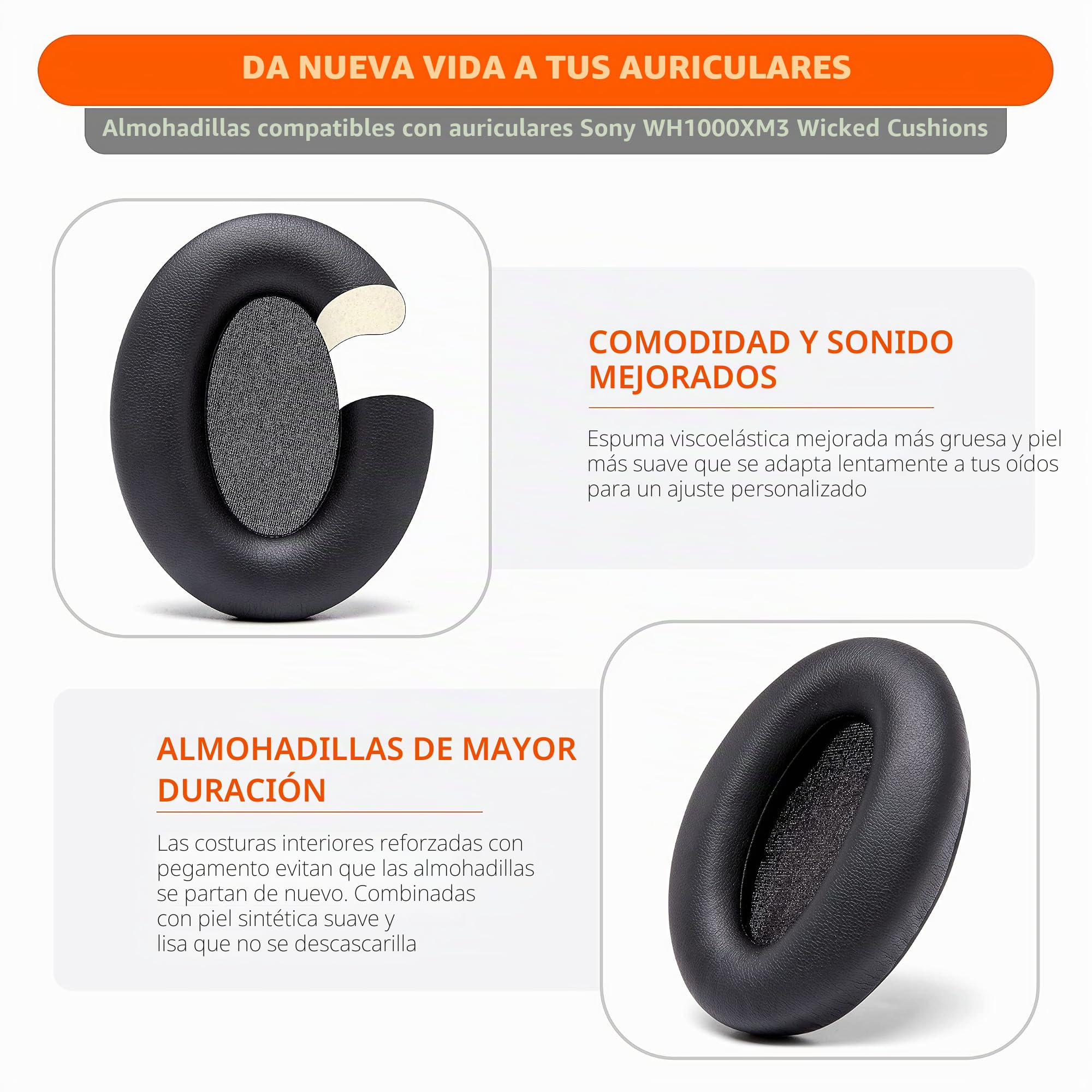 Almohadillas de Repuesto Extra Gruesas WC Wicked Cushions compatibles con los Auriculares Sony WH-1000XM3 - Negro