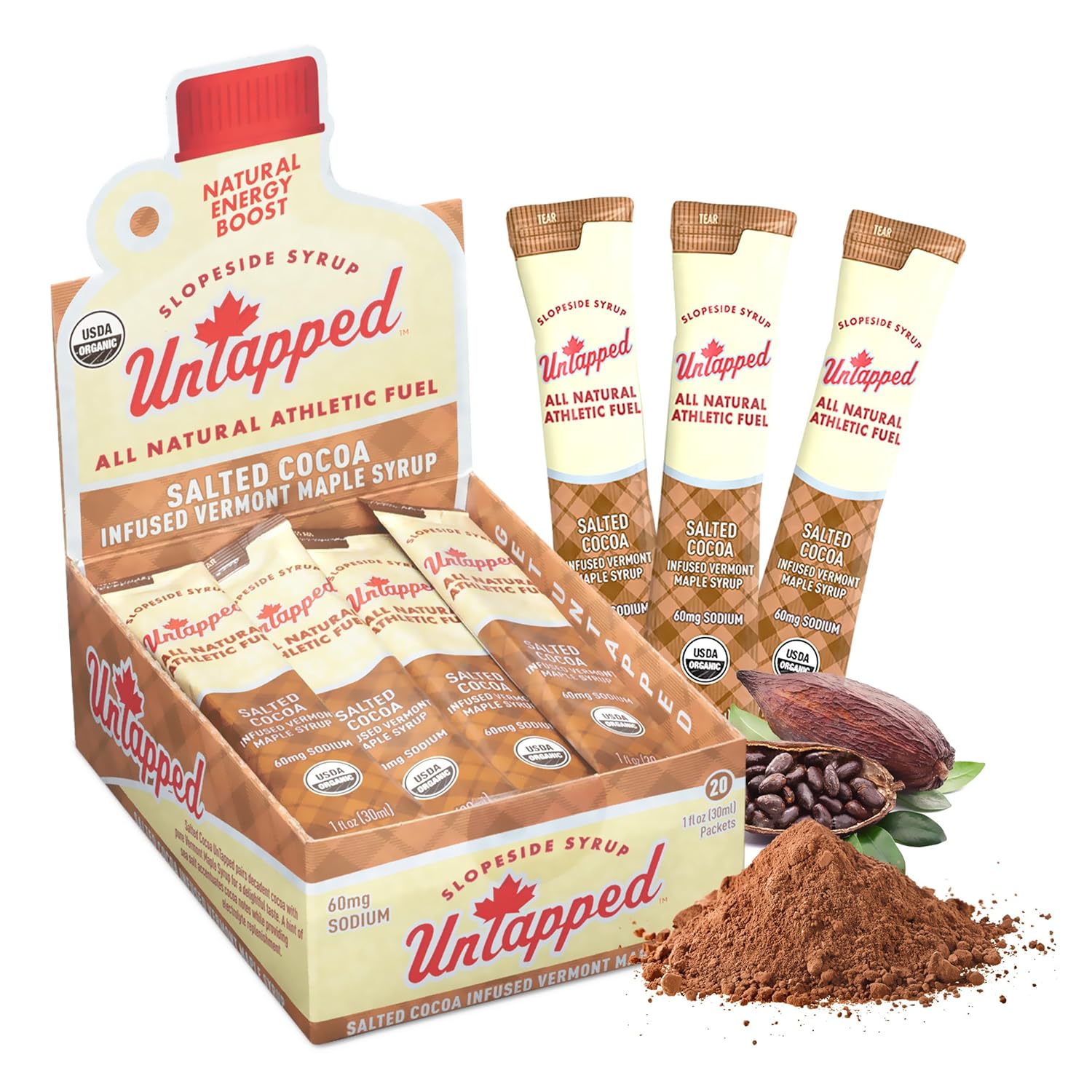 UnTapped Salted Cocoa Infused Vermont Maple Syrup Packets for Athletes, Box of 20-1 fl oz Each | Pure Maple Syrup with Rich Cocoa Extract and Sea Salt | Fuel to Keep You Running Longer