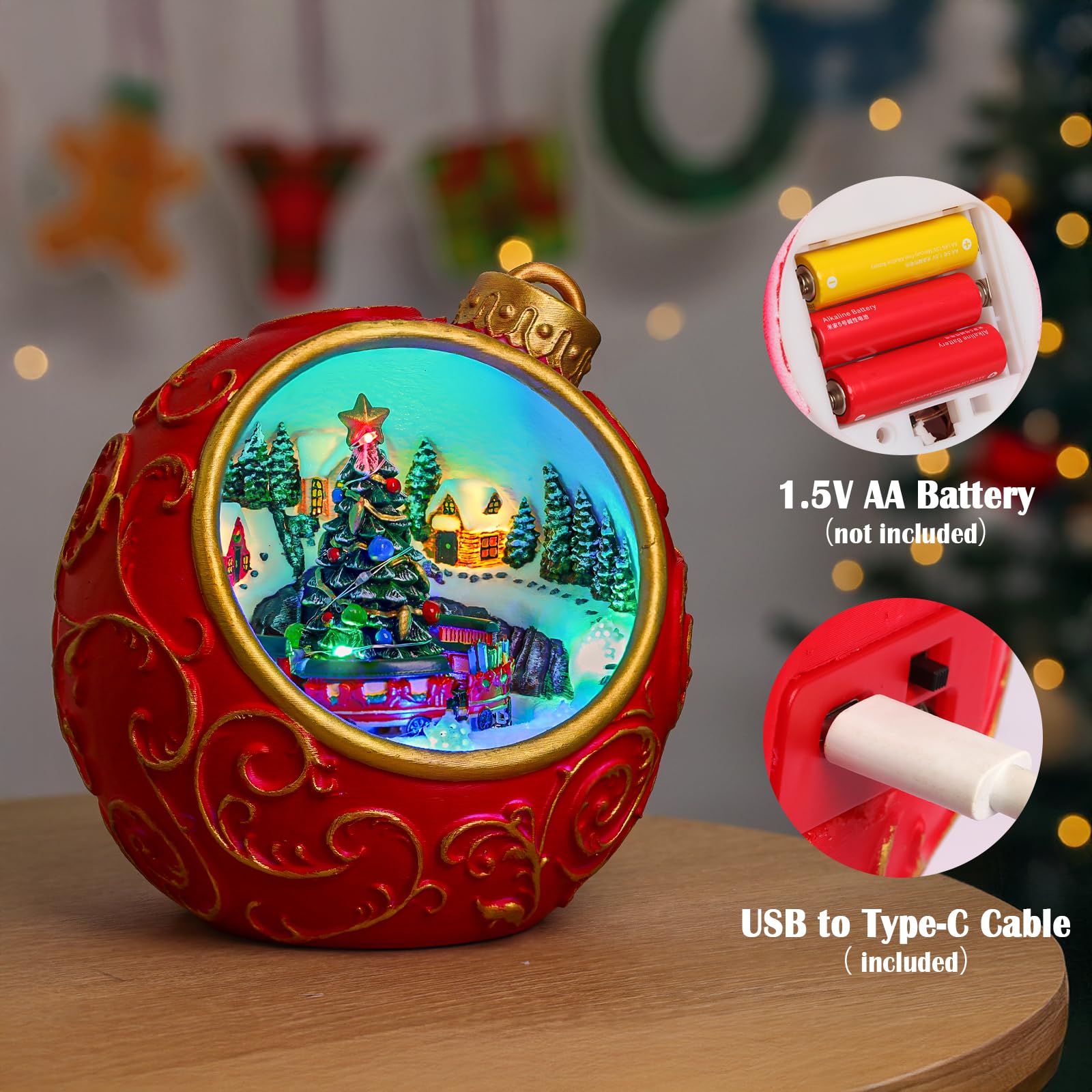 Scène de village de Noël - Décorations de Noël pour la maison - Musique lumineuse - USB/batterie - Figurines de bâtiments de collection (globe d'arbre)