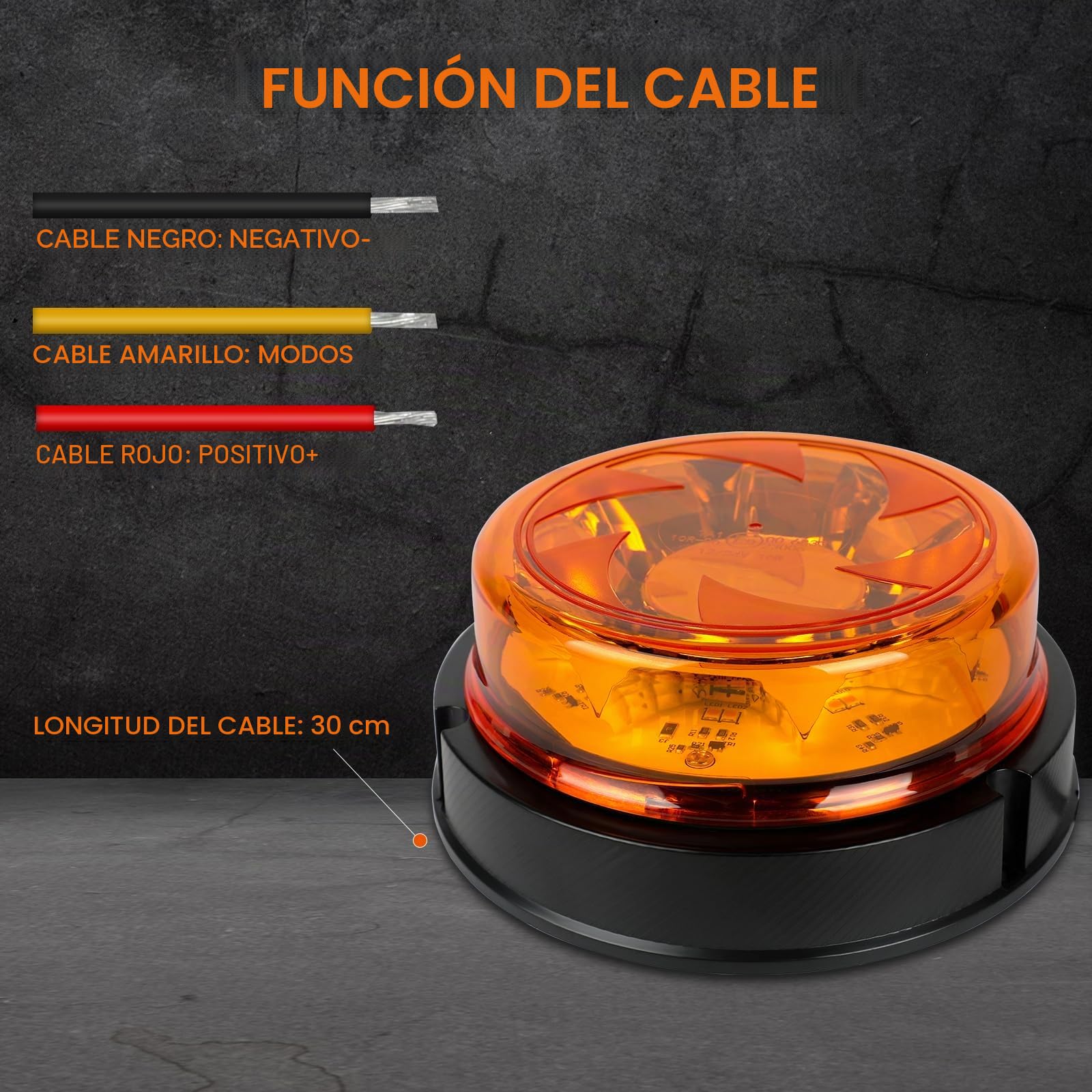 Advertencia Rotativo Beacon LED Naranja 12V 24V con 2 Rotación + 4 Strobe model, Luce intermitentes de emergencia orange Impermeable, E-marca,ECE R65,E9,R10-06