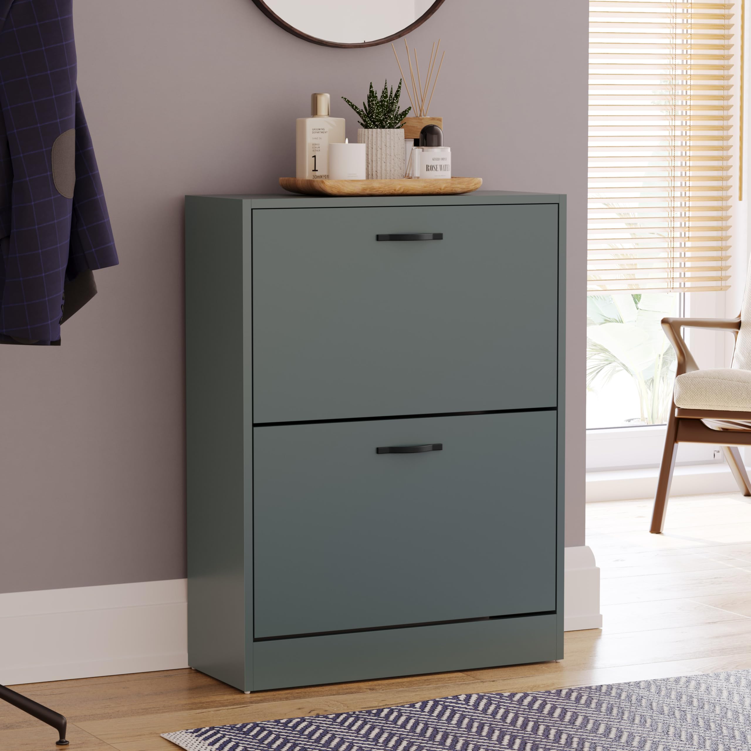Vida Designs Shoe Cabinet, Wooden Shoe Storage Unit with 2 Pull-Down Drawers, Multifunctional Dust-Proof Space-Saving Slim Design Cupboard for Hallway or Entryway (Green)