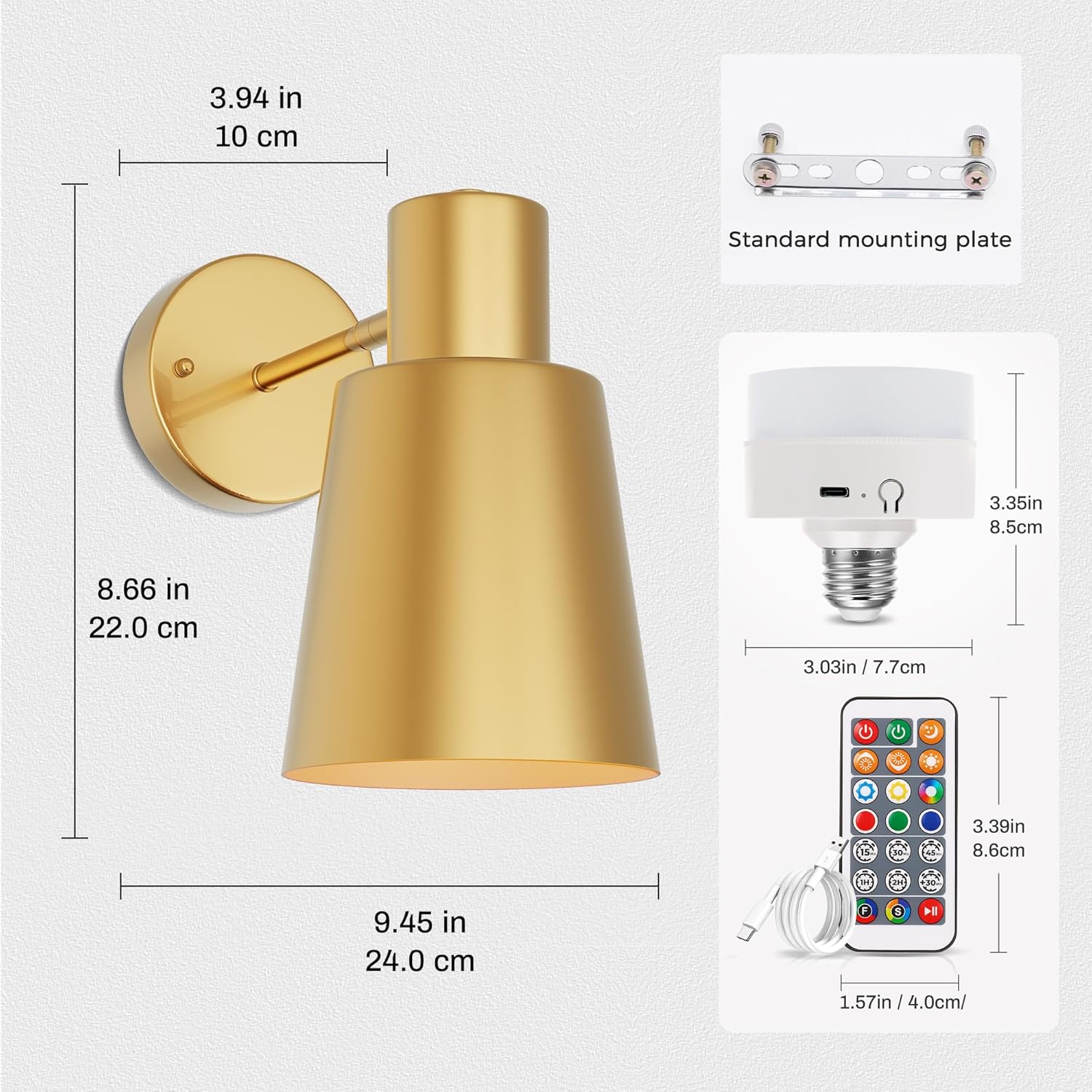 DORESshop Battery Operated Wall Sconces Set of Two, Dimmable & Adjustable Gold Wall Lights, Rechargeable Wireless Wall Sconce with Remote, Not Hardwired LED Wall Lamps for Bedroom Living Room E26