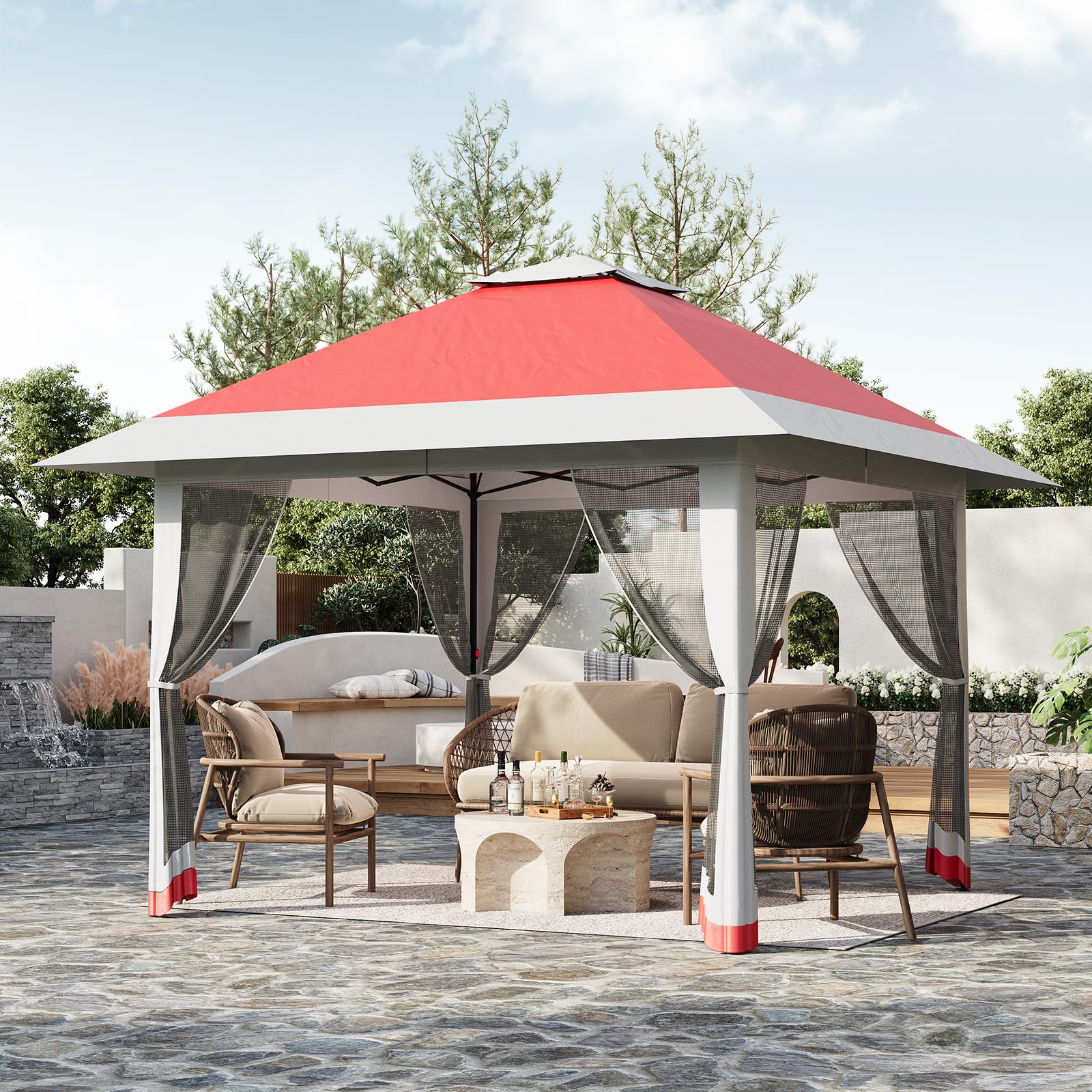 13x13 ft Pop Up Gazebo Canopy Tent with Mosquito Netting, One Push Instant Setup Adjustable Height, Waterproof UV Resistant Outdoor Shelter with 4 Sandbags for Garden Parties, BBQs, Camping