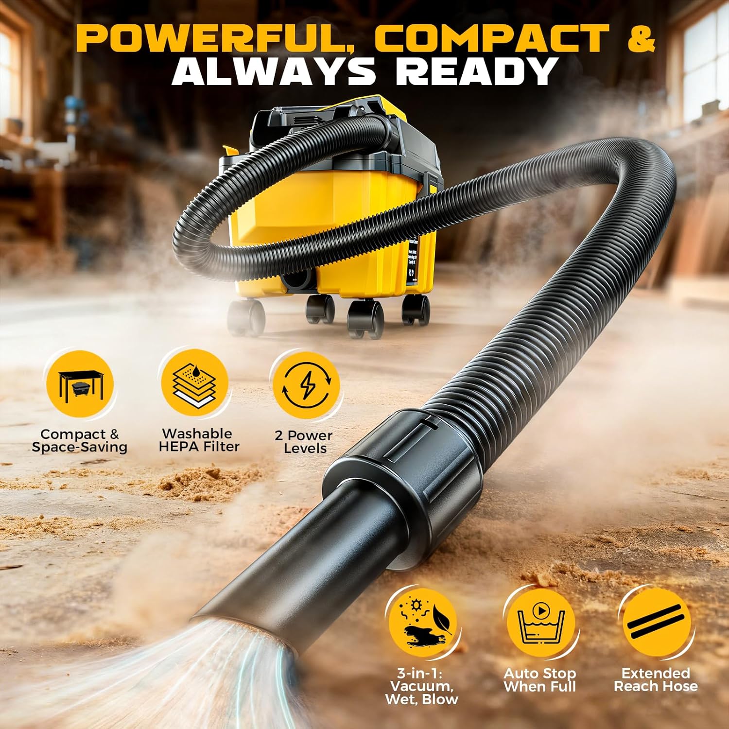 Ecarke 2.5 Gal Cordless Wet Dry Vacuum Compatible with DeWalt 20V Battery, 3-in-1 Shop Vac with Washable HEPA & Brushless Motor, 15KPa Suction, 4 Attachments for Garage Car Workshop (Tool Only)
