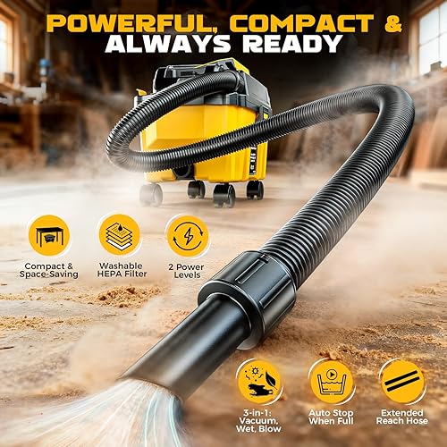 Miniatura 3 de Ecarke Aspiradora inalámbrica en seco y húmedo de 2.5 galones compatible con batería DeWalt de 20 V, aspiradora 3 en 1 con motor HEPA lavable y sin