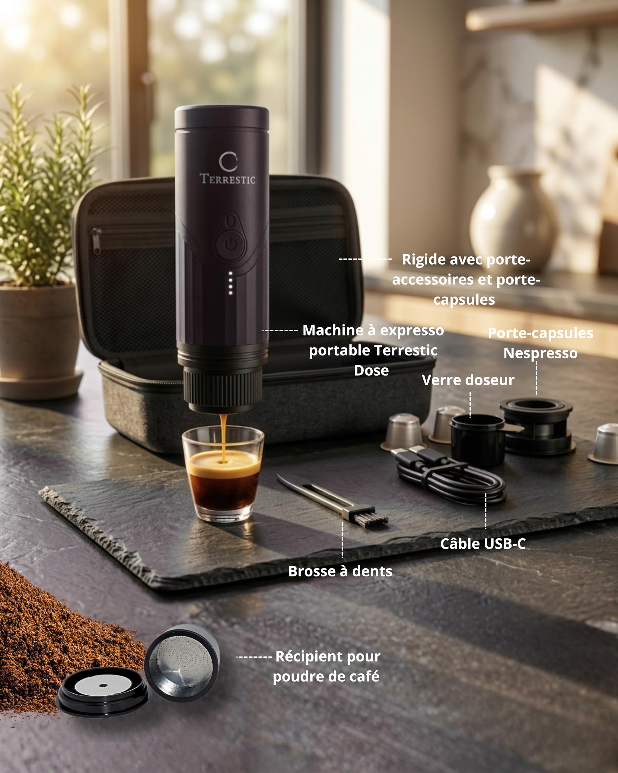 Machine à Café Expresso Portable Électrique – Compatible Capsules Nespresso et Café Moulu, Rechargeable USB-C, avec Étui de Transport Rigide, Idéale pour Voiture, Camping et Voyage