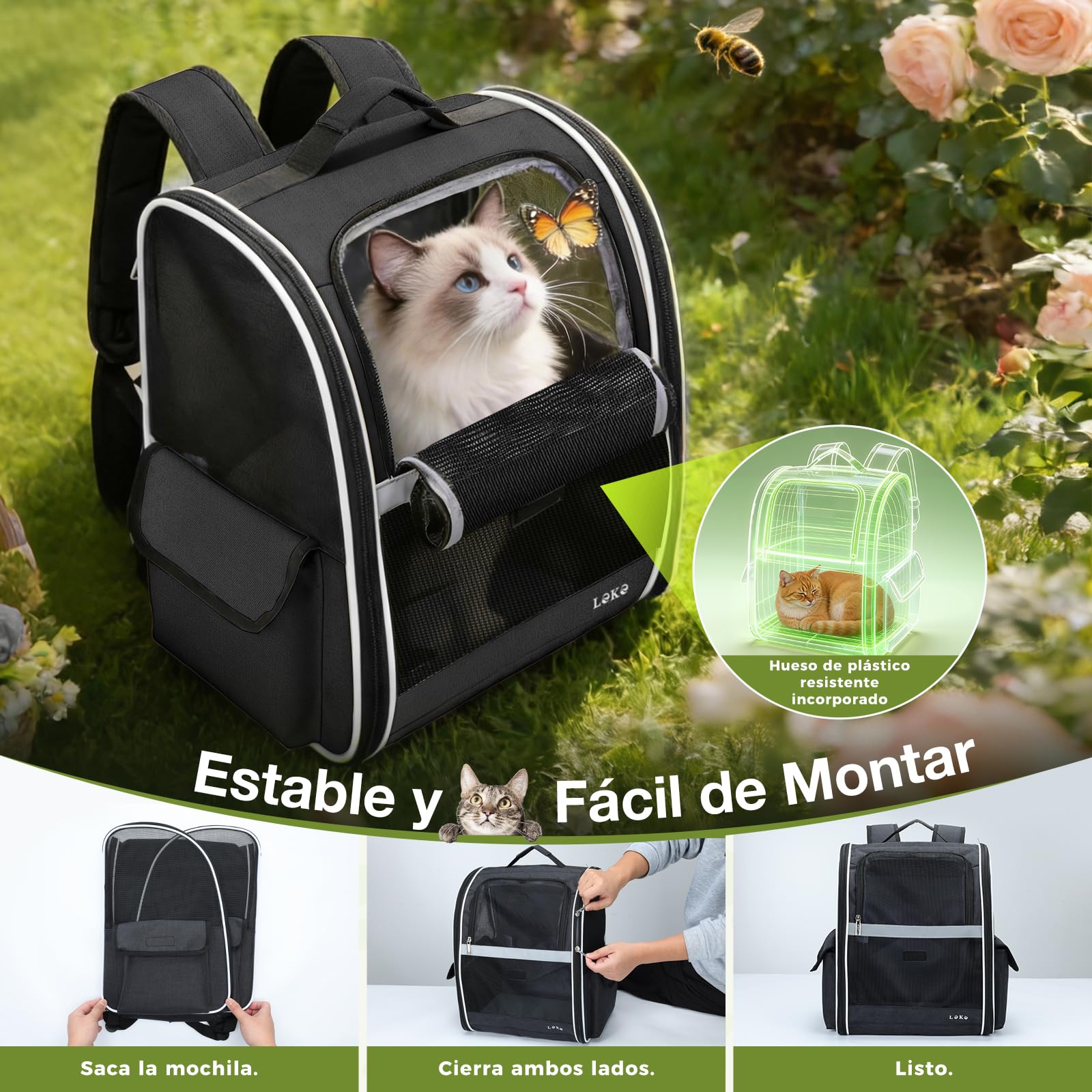 Lekesky Mochila para Gatos Transportín Perro Gato para Mascotas Medianas/Pequeñas (2-8 kg), Mochila Gato con Ventana de Malla para Senderismo, Viajes, Exterior (Negro, M)