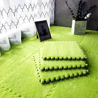 12pcs Tiled Puzzle Play Mats Interlocking Shaggy Soft EVA Foam Mats Protective Floor for Children Kids Room Home Parlor Bedroom(Green)