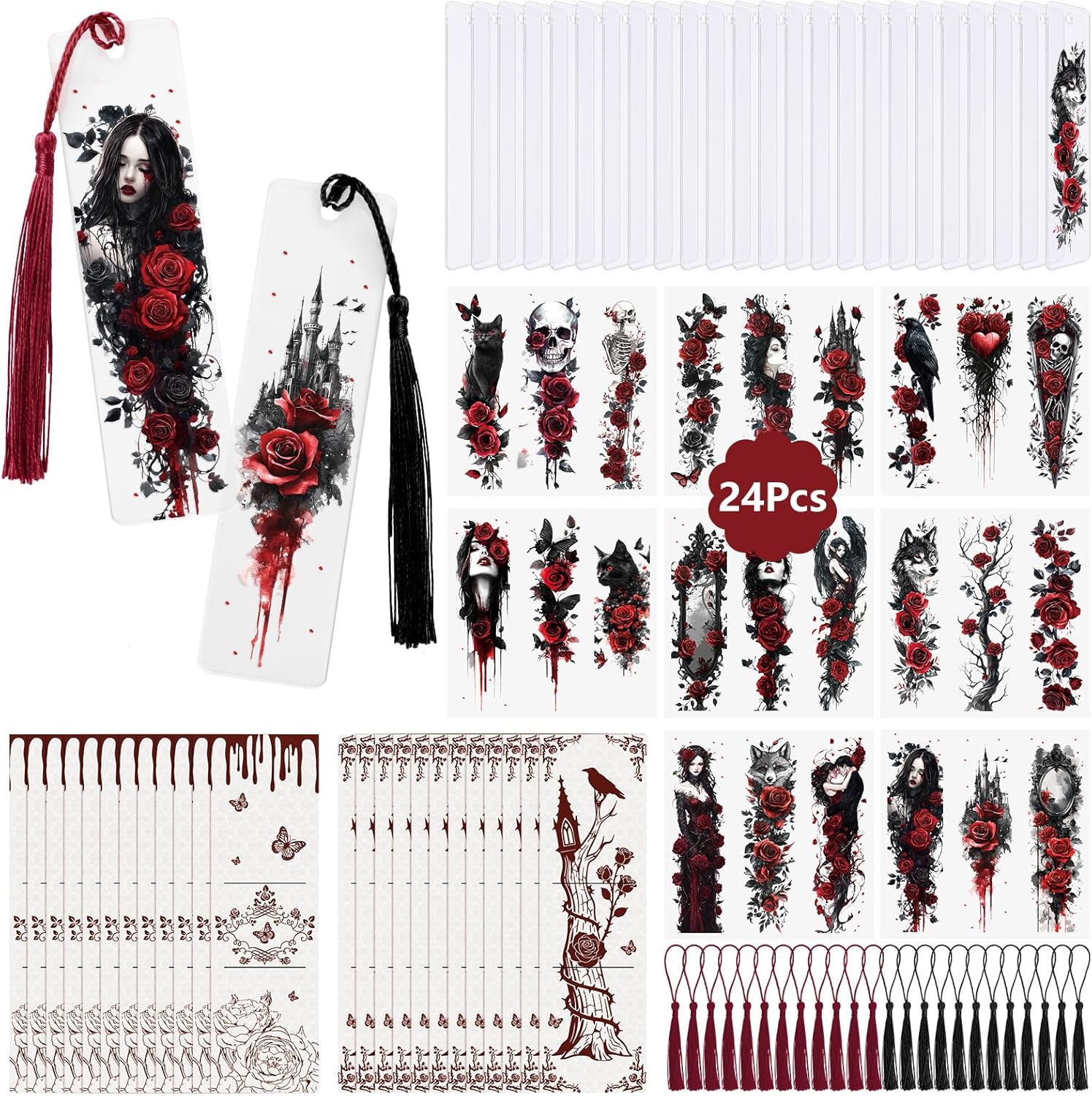 WANDIC 24 PCS Acrylic Bookmark Blanks Dark Gothic Theme UV DTF Stickers with 2 Colours Tassels, Transparent Rectangle Bookmarks Crafts DIY Tag