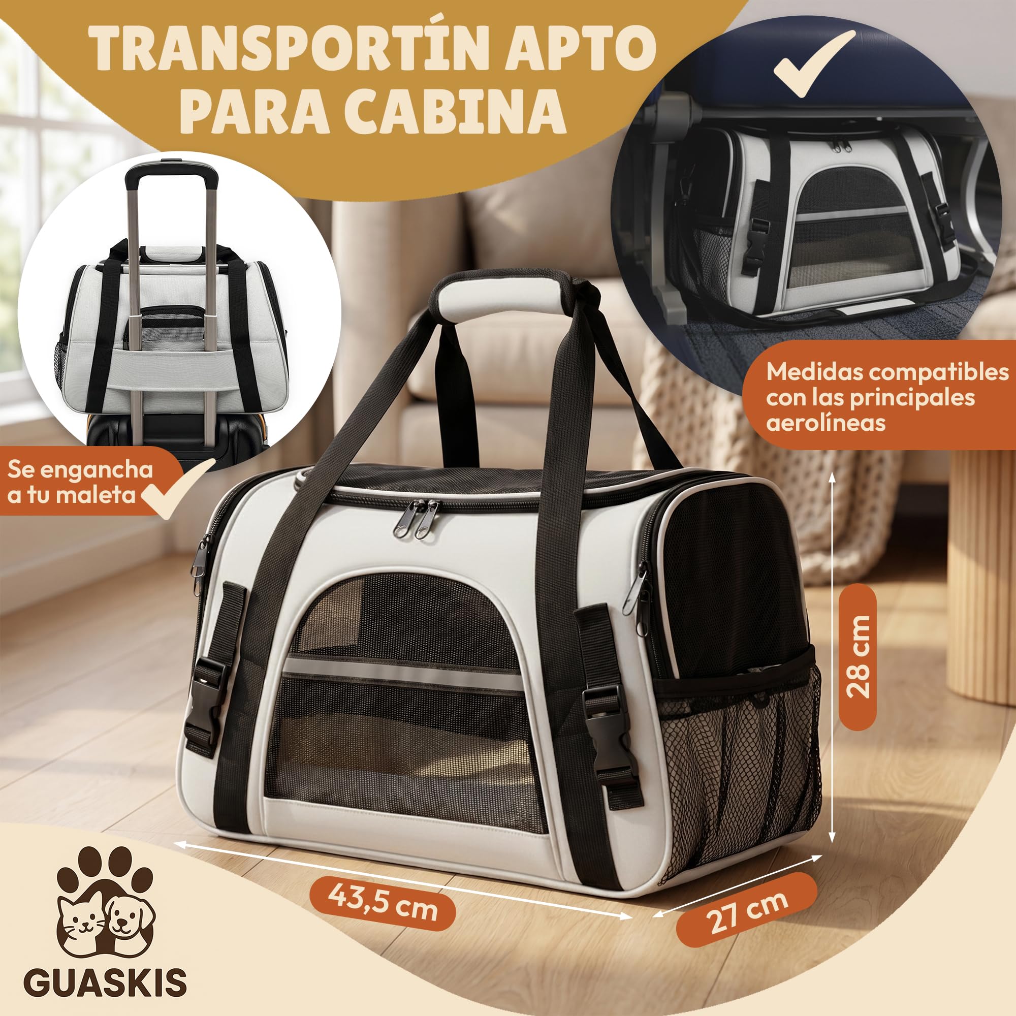 Transportín para Gato Apto para Avión – Bolsa Blanda y Plegable hasta 8 kg con Asa y Correa – Ideal para Viajes y Coche. Incluye Botella Agua Perro 2 en 1