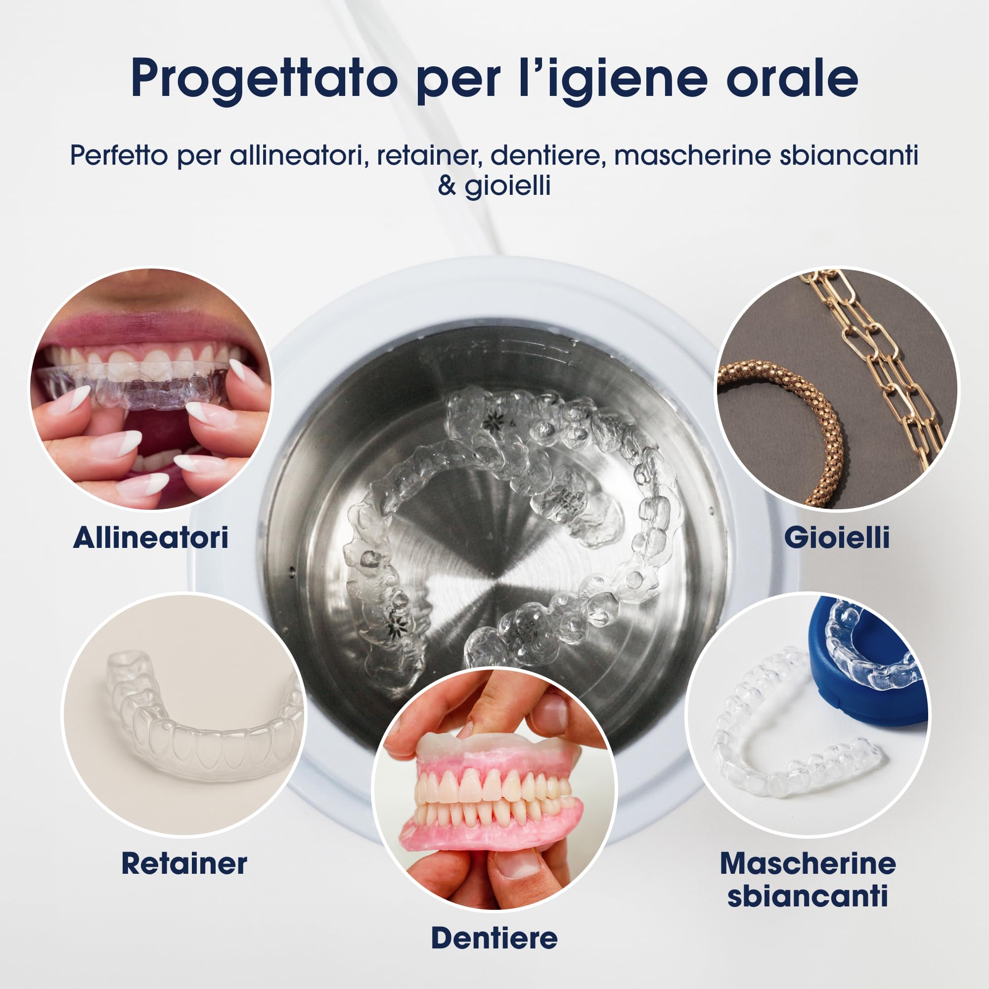 ZENT Pulitore ultrasuoni compatto 200ml, Vasca ultrasuoni per apparecchi allineatori ortodontici gioielli, invisalign pulizia - Tecnologia di pulizia a 360°, Ideale per viaggio, Prodotto medico