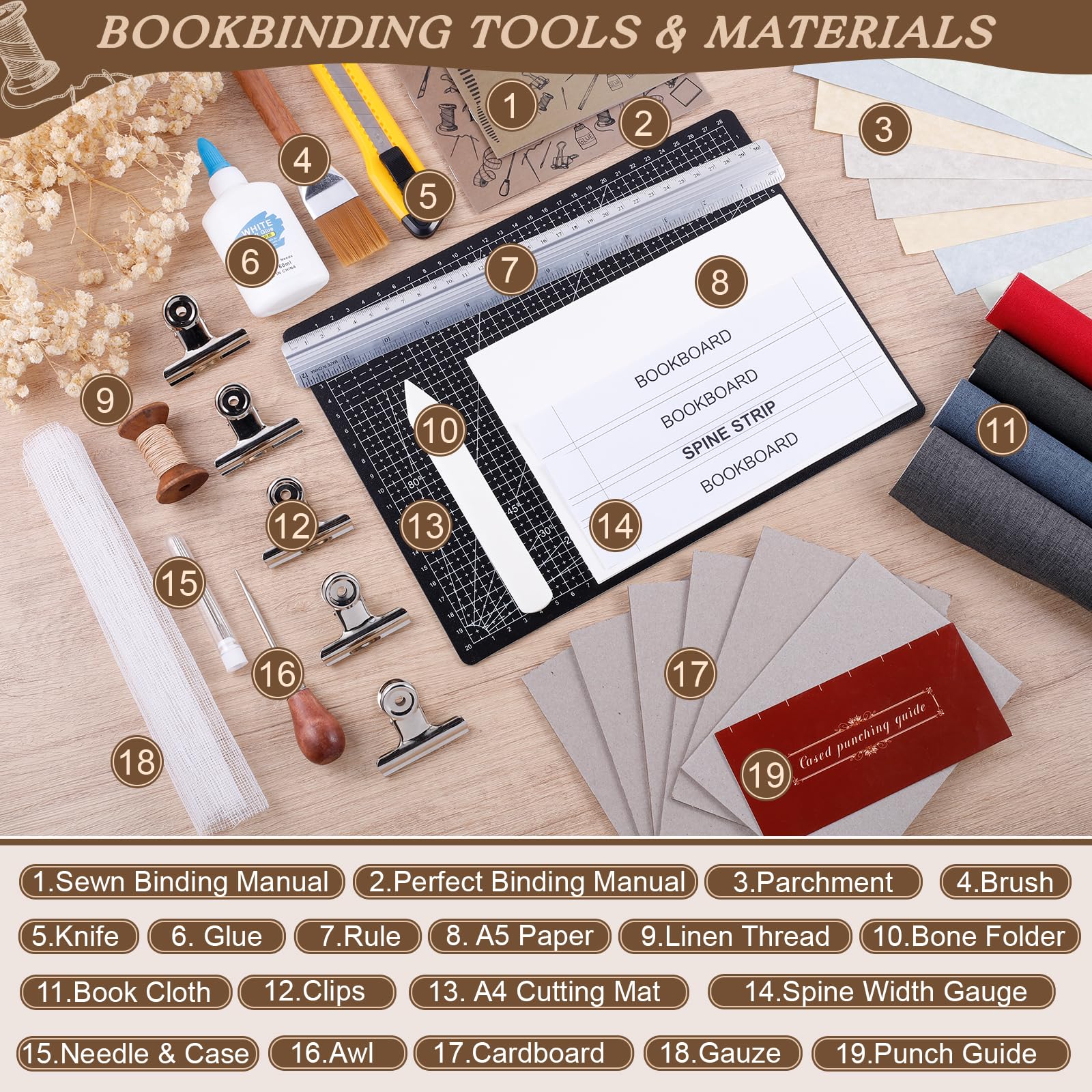 Kit per rilegare libri per principianti, 145 pezzi, per realizzare libri, materiali per rilegatura, con punteruolo in carta A5, strumenti completi di rilegatura con istruzioni e video tutorial per