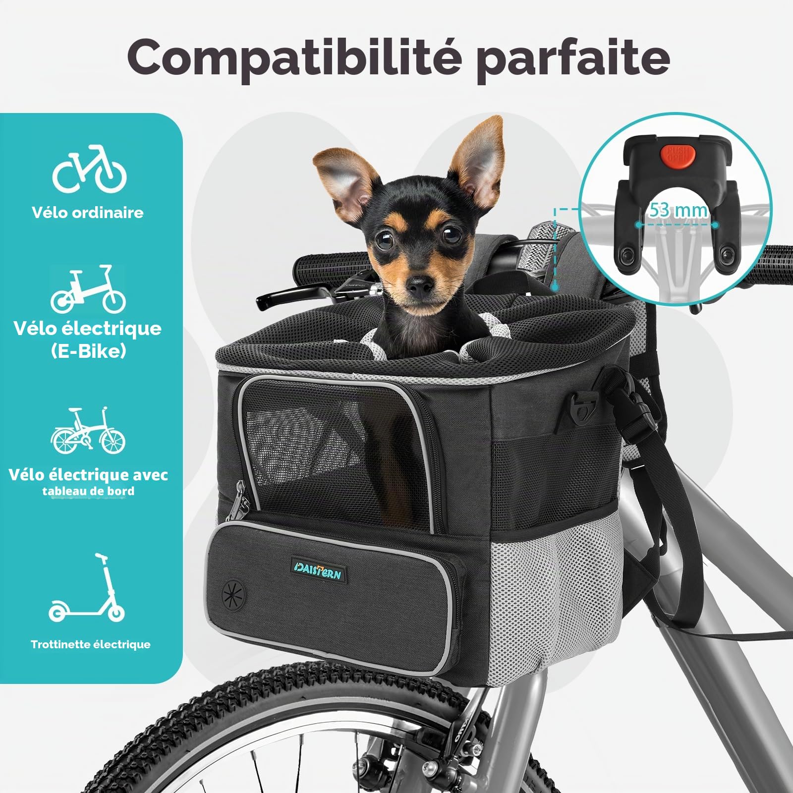Panier de Vélo Avant pour Chien Chat jusqu'à 3KG avec Adaptateur Φ53mm, Sac à Dos Petit Chien avec Fenêtre en Maille Respirante, Bandes Réfléchissantes, Coussin Confortable Imperméable