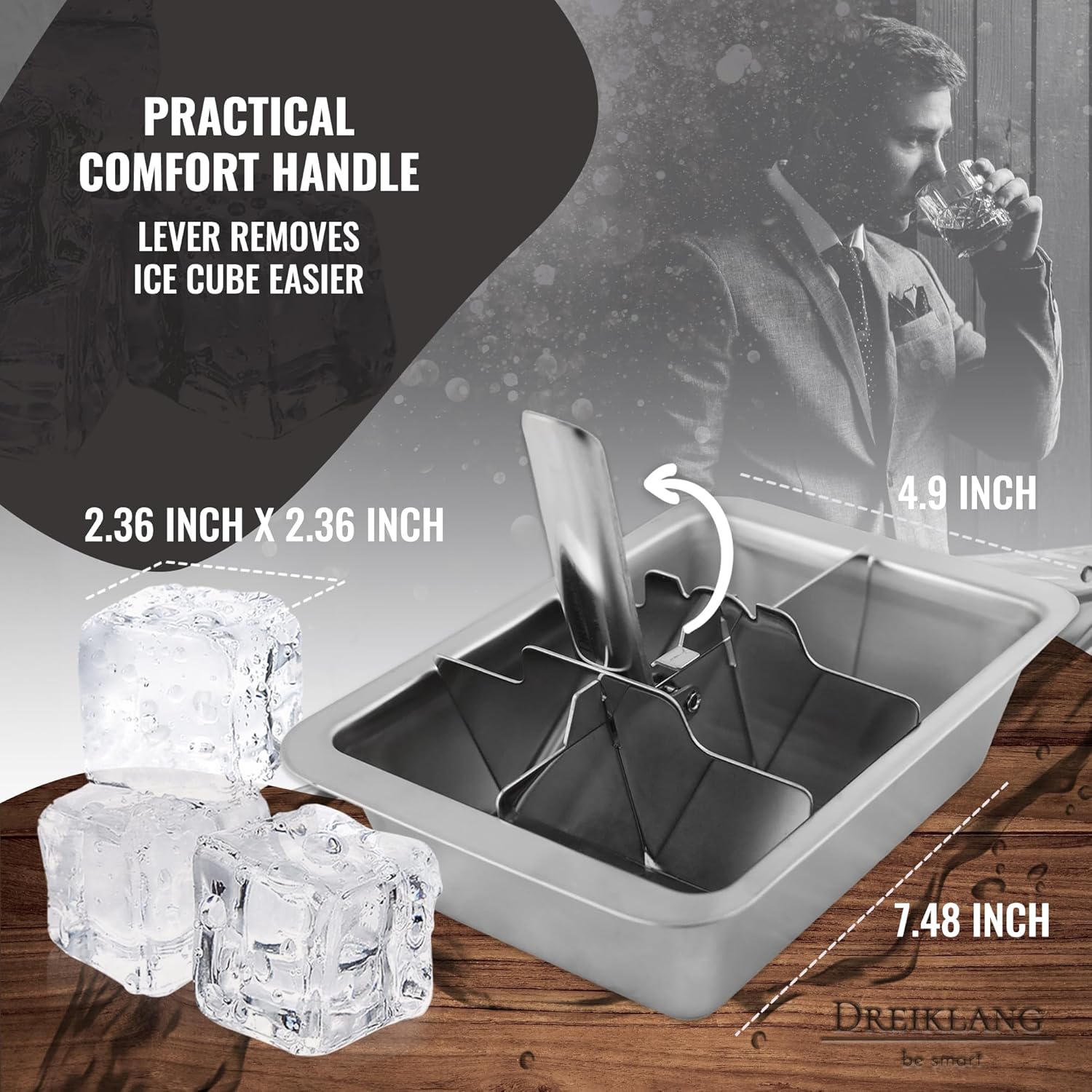 18/8 Stainless Steel XXL Ice Cube Tray with Lever Insert for Easy Release | Polished, Food-Safe & Durable | Perfect for Whiskey & Long Drinks | Alternative to Ice Stones